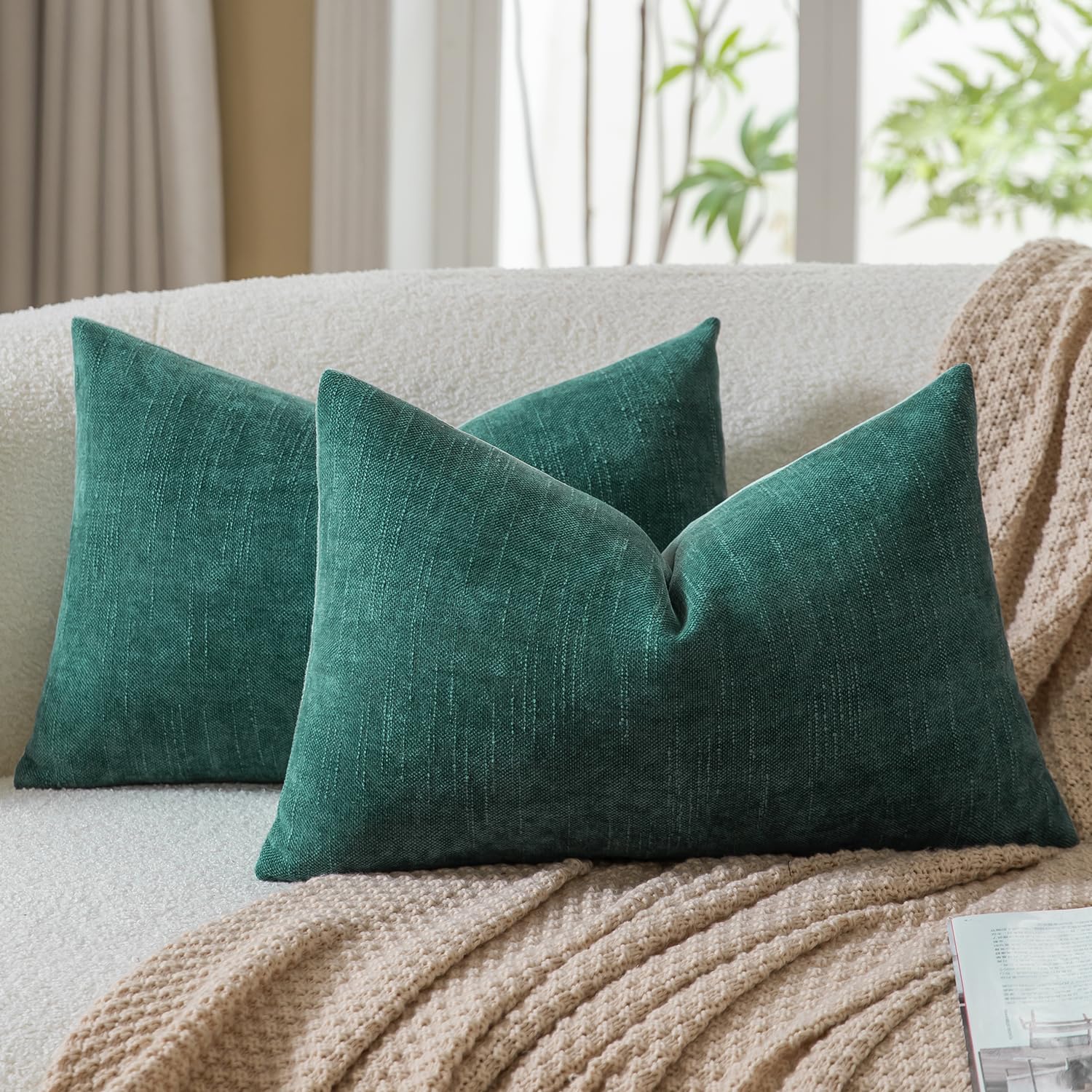 Mandioo Pack of 2 Faux Linen Chenille Cushion covers 30x50 cm 12x20 Inch Decorative Pillow Covers Velvet Accent Throw Pillow Case for Couch Sofa Living Room Bedroom Farmhouse Decor Teal