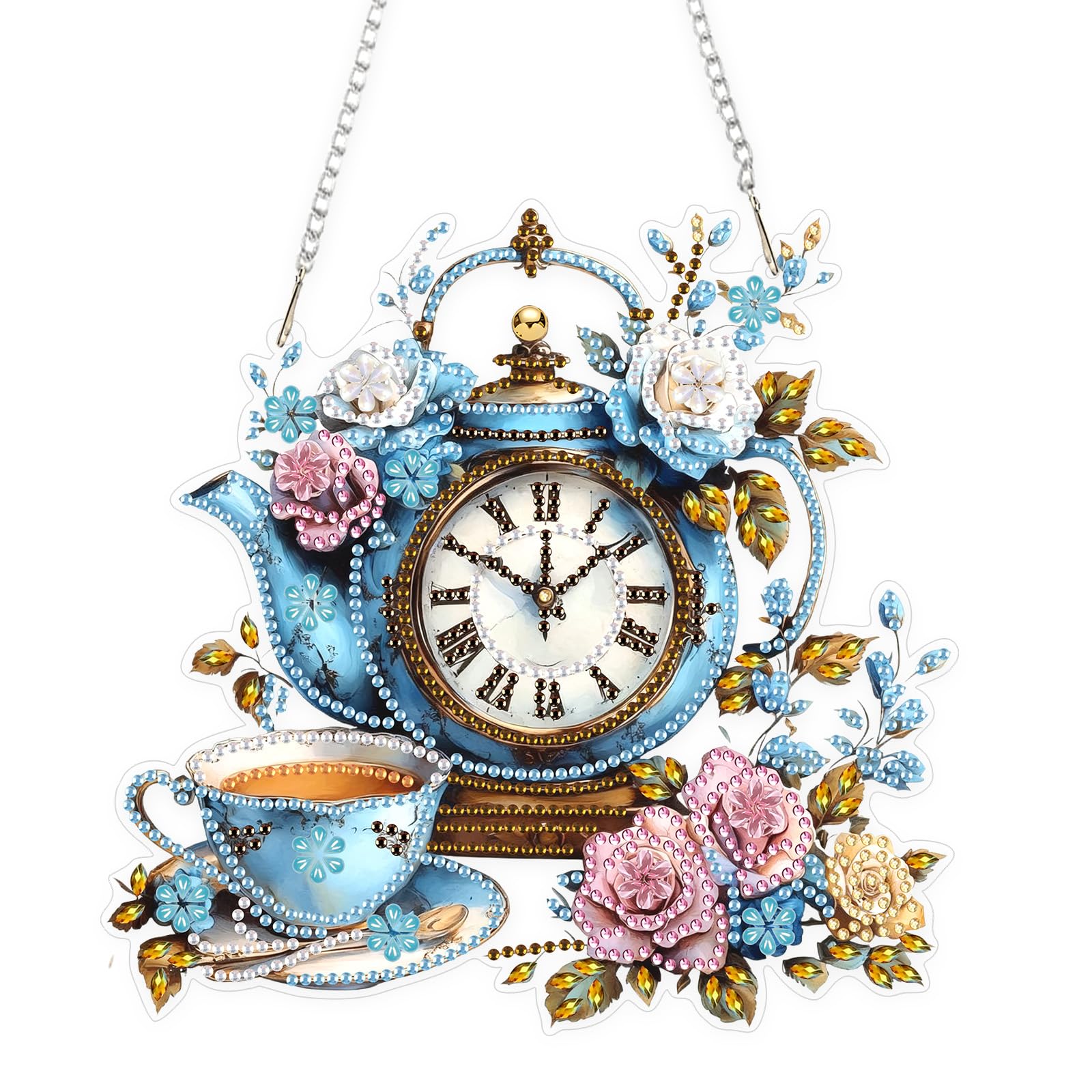 KEYIFA Diamond Art Kit for Erwachsene, Vintage Teapot Clock DIY Hanging Diamond Painting Crystal, Acrylic Gem Art Board, Diamantmalerei Anhänger, Hanging Ornaments Kit for Home Decor