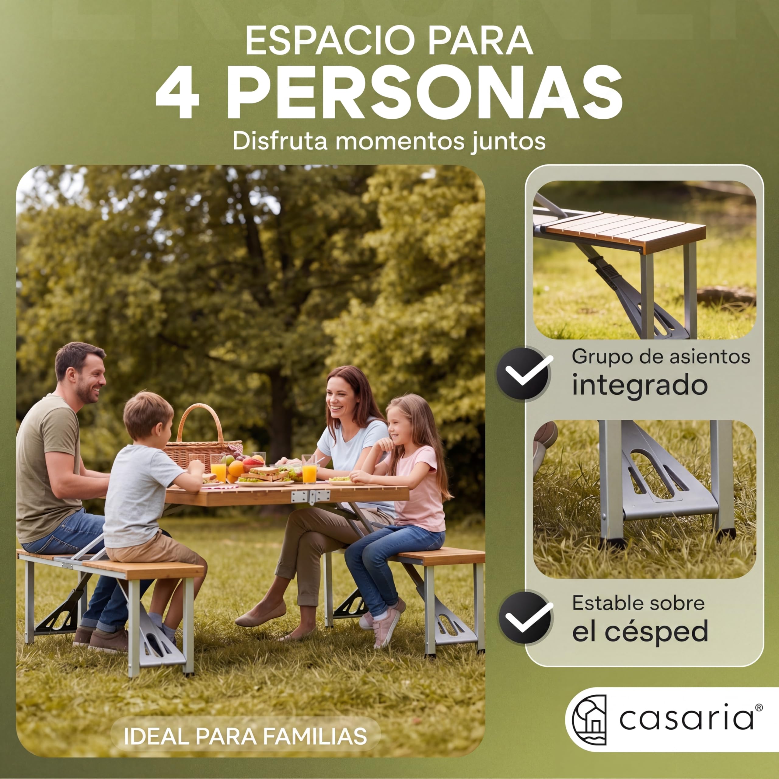 CASARIA® Set de Mesa Plegable Camping y 4 Asientos Madera Función Maleta Compacta Asa de Transporte Orificio para Sombrilla Resistente Intemperie Ideal Picnic Acampada Vacaciones Excursión Festivales