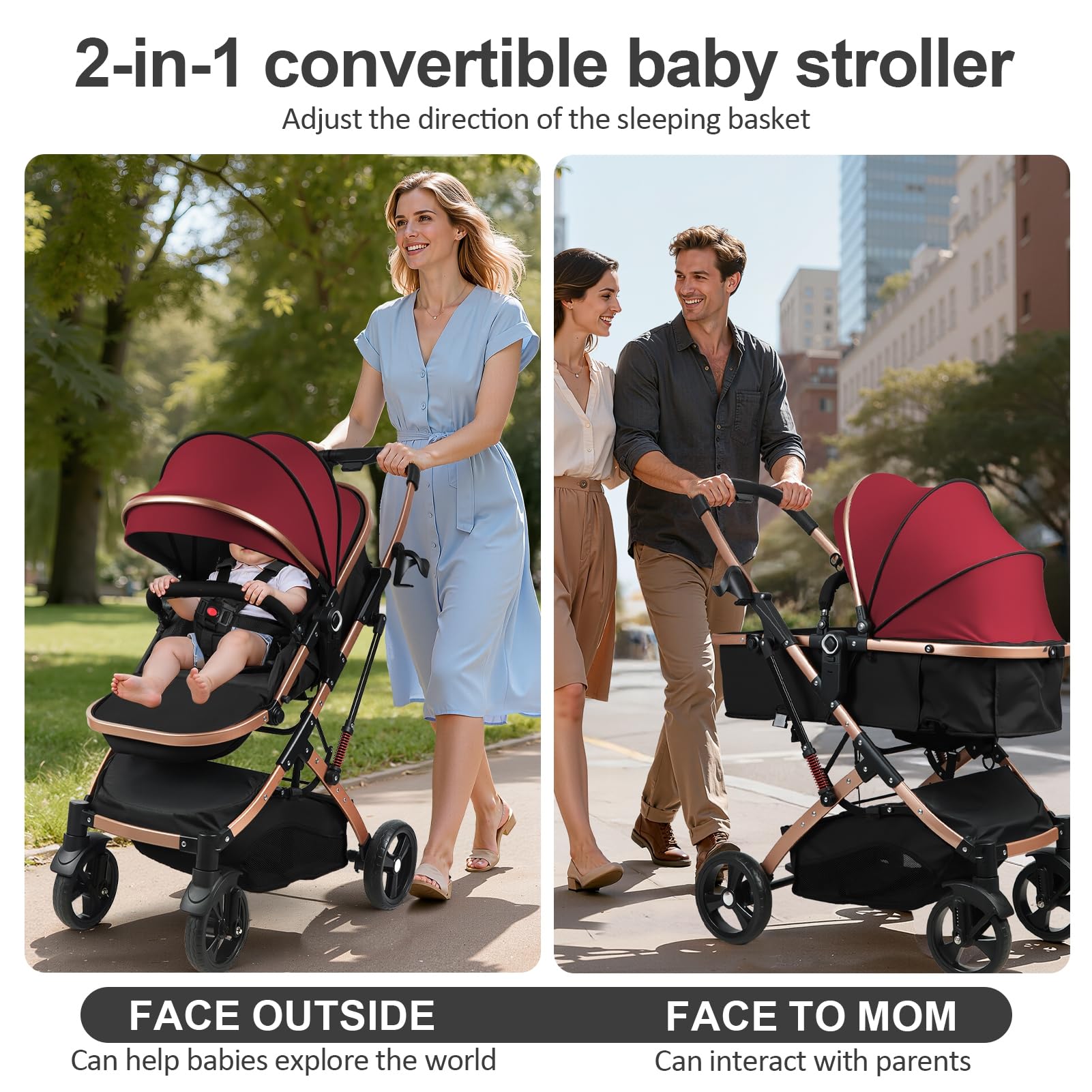 Poussette bébé 2 en 1 avec nacelle réversible, pliable à une main, naissance 0-36 mois, dossier réglable, capote ajustable, siège bébé haut, amortissement, harnais 5 points Vin rouge
