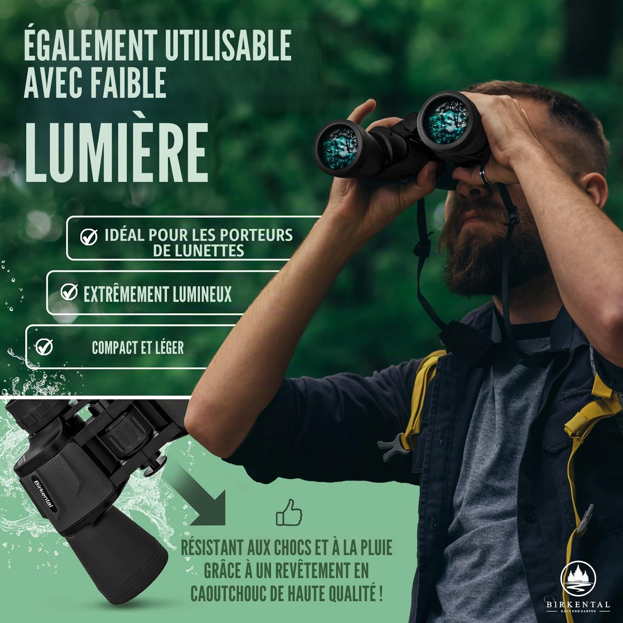 Birkental Jumelles pour Adultes 10x50 avec Accessoires - Zoom HD, étanche, léger, Compact - adapté également aux porteurs de Lunettes - Large Champ de Vision - pour la Chasse, l'astronomie (Noir)