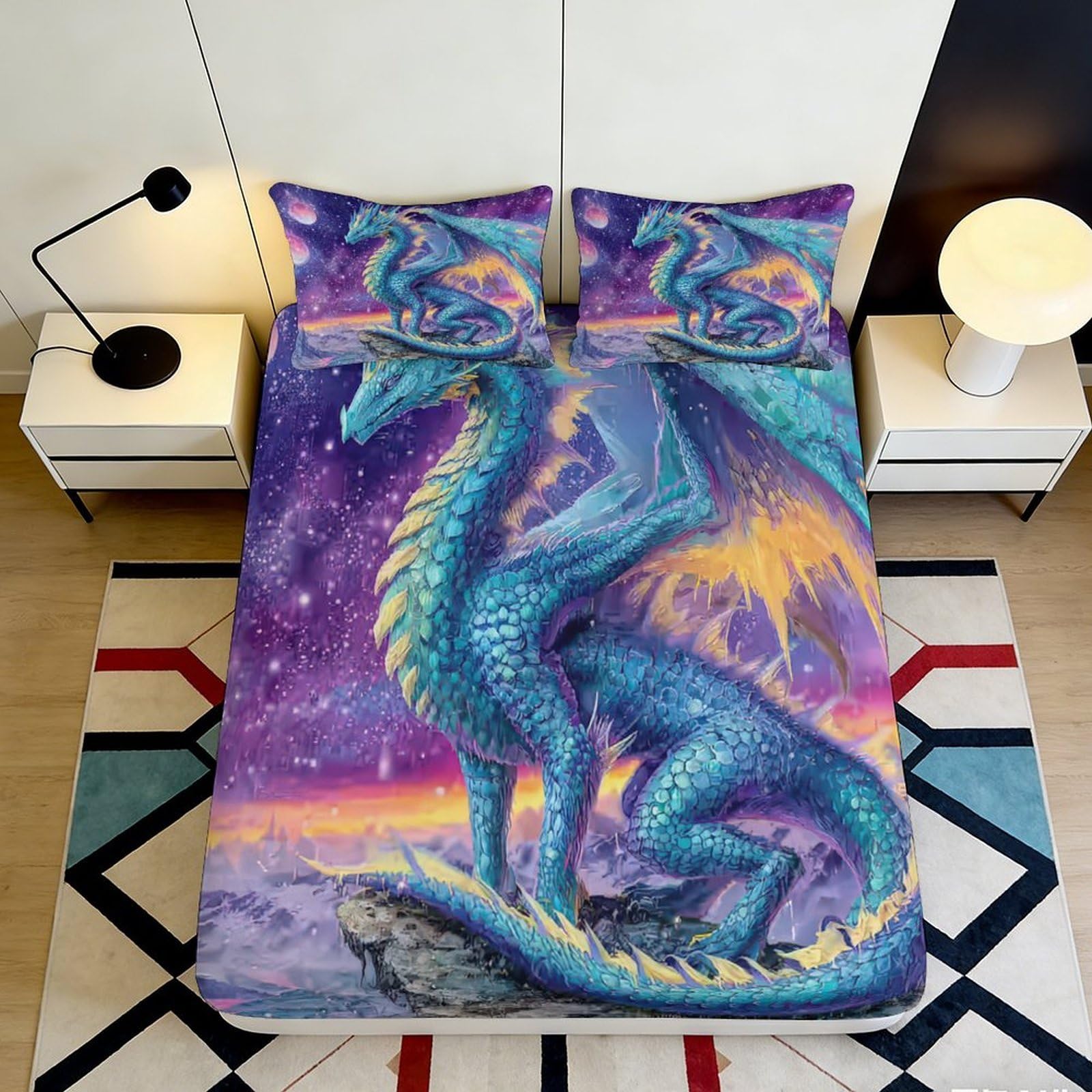 3D Printed Blue Dragon Fitted Sheet Microfiber Soft Breathable Fantasy Sky Mattress Cover for Bedroom Dorm Decor 90x200x25cm