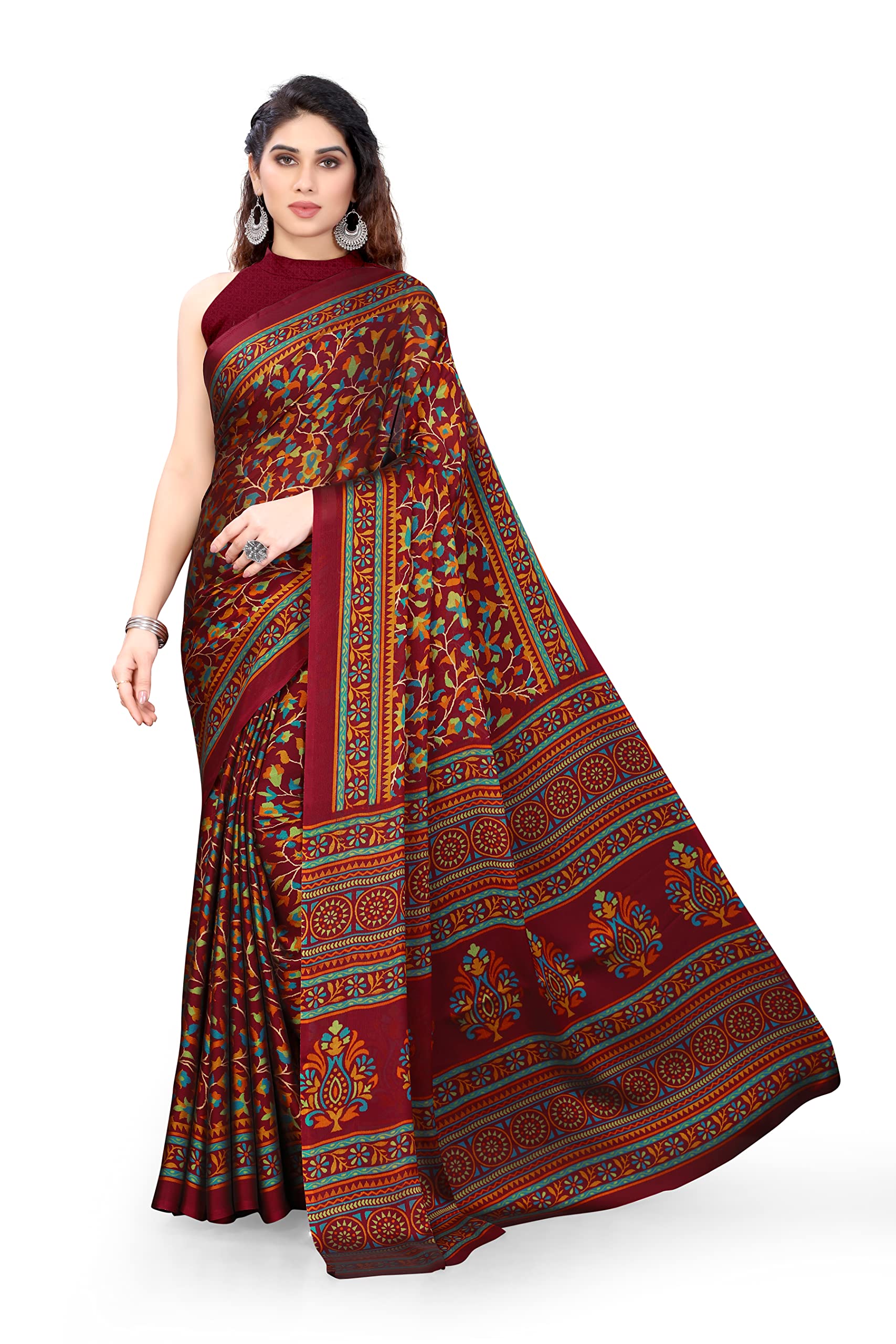 MIRCHI FASHIONWomen's Stylish Chiffon Warli Art Printed Saree with Blouse Piece, Beige, Orange, One Size