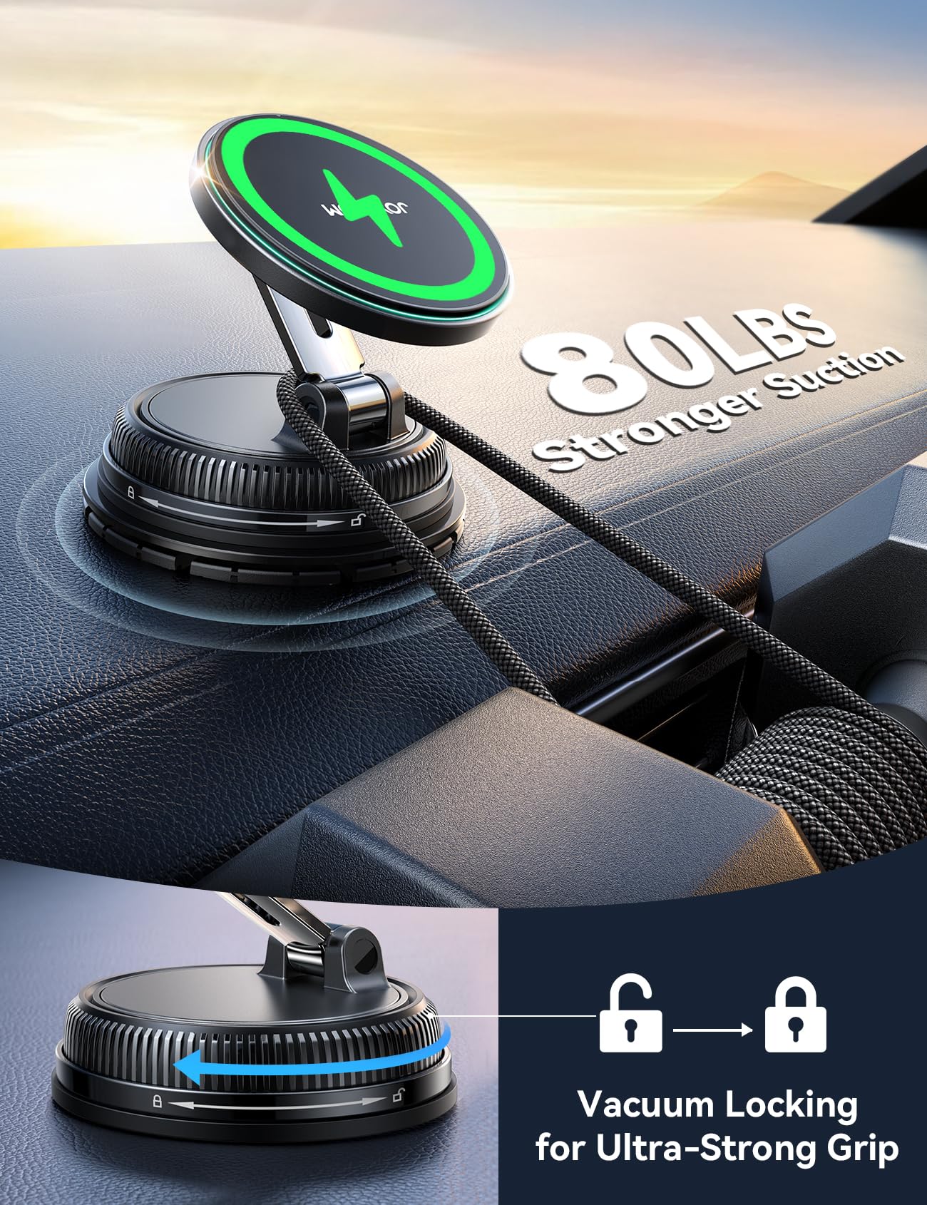JOYROOM Cargador de coche MagSafe de 15 W, cargador inalámbrico de carga más rápida para iPhone, soporte magnético de succión fuerte de más de 36 kg para coche, brazo de soporte metálico estable para