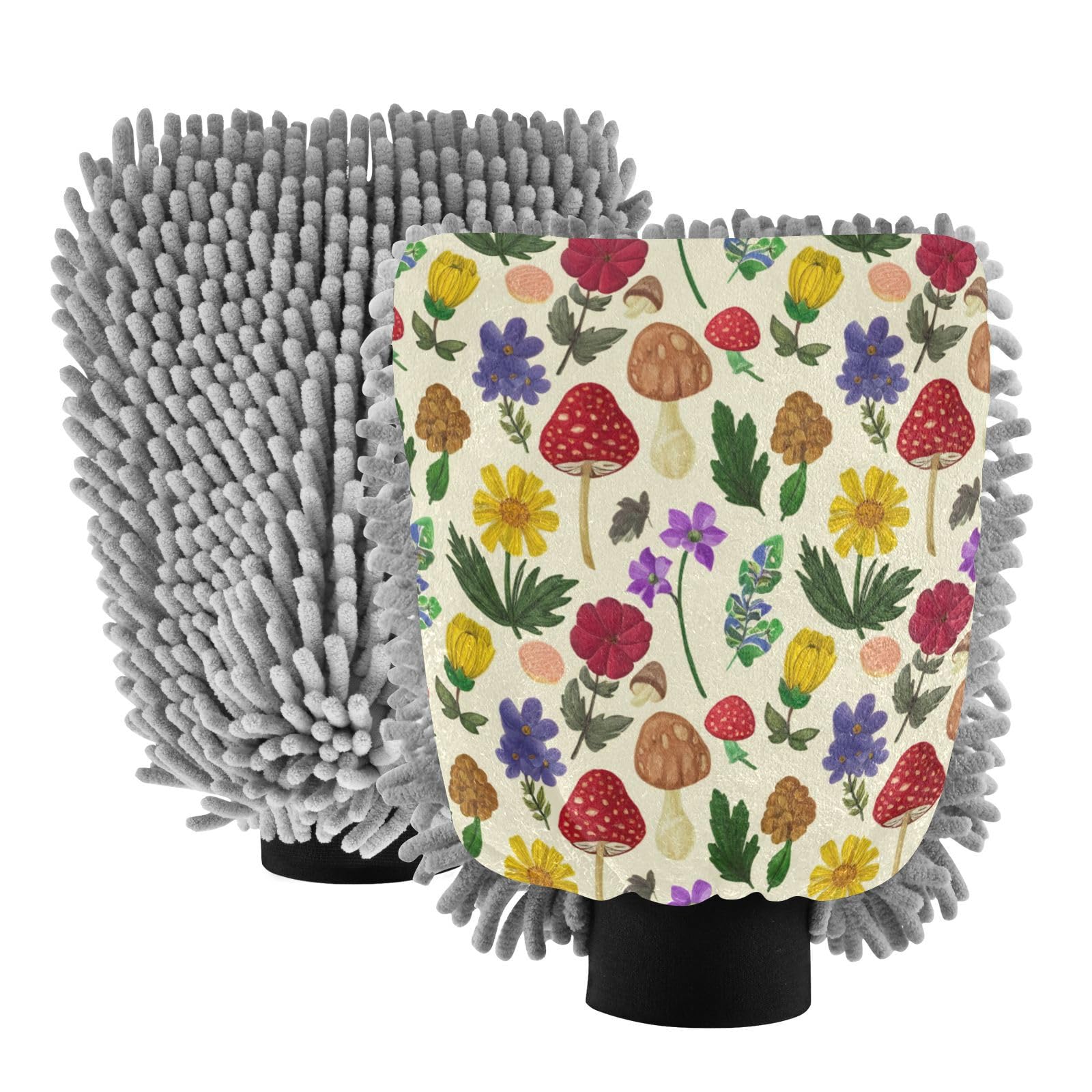 Kigai Cute Cartoon Mushrooms Car Wash Mitt Microfiber, 2Pcs Scratch Free Lint-Free, Premium Chenille Microfiber Mitt Car Wash Brush-M