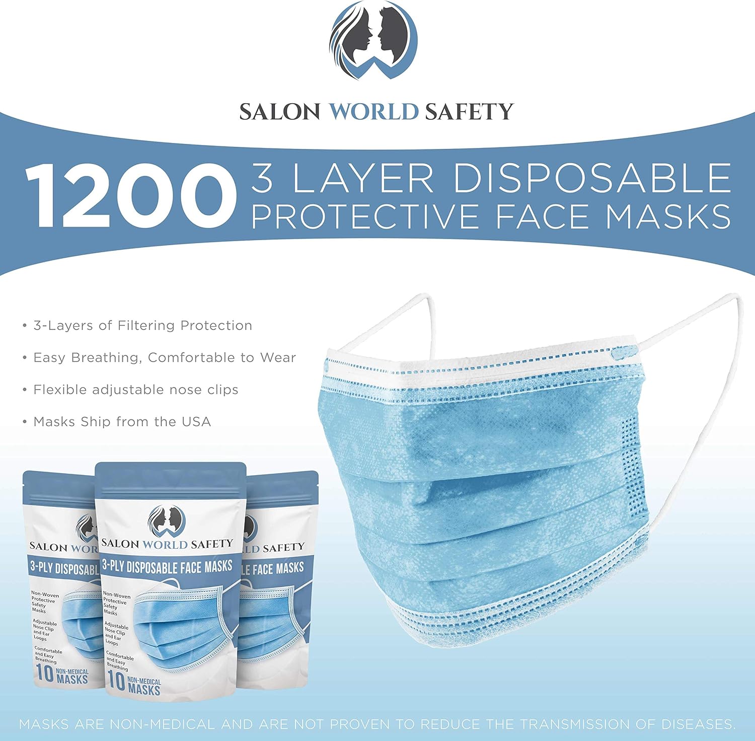 Buу 1 gеt 1 TCP GLOBAL Salon World Safety - 1200 Pack Face Masks Breathable Disposable 3-Ply Protective PPE with Nose Clip