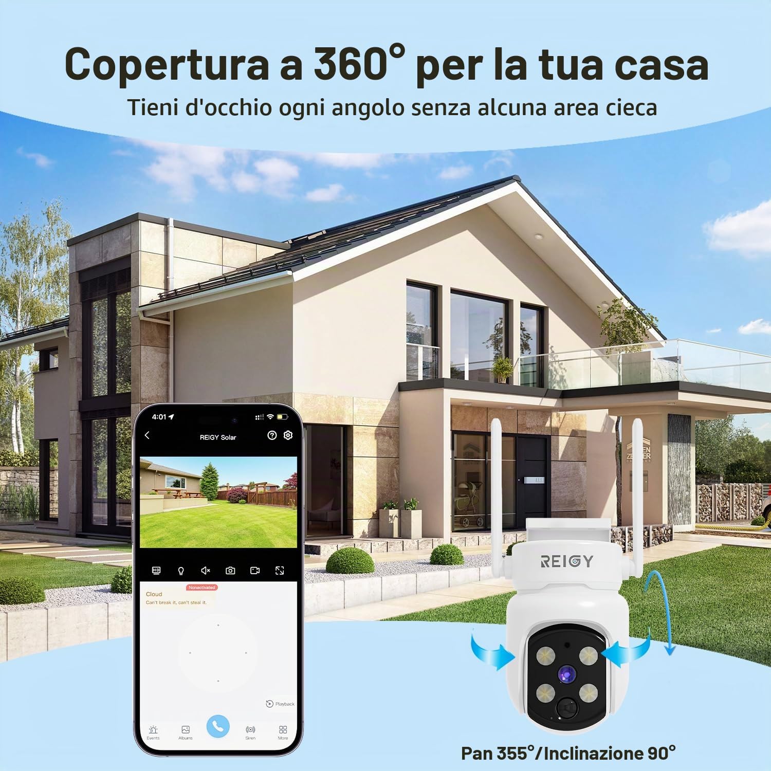 REIGY 4MP Telecamera WIFI Esterno Batteria Senza FIli, 360° Videocamera Sorveglianza con Pannello Solare, Rilevazione di Movimento PIR, Audio a 2 Vie, IP65, Supporto 2,4GHz/5GHz