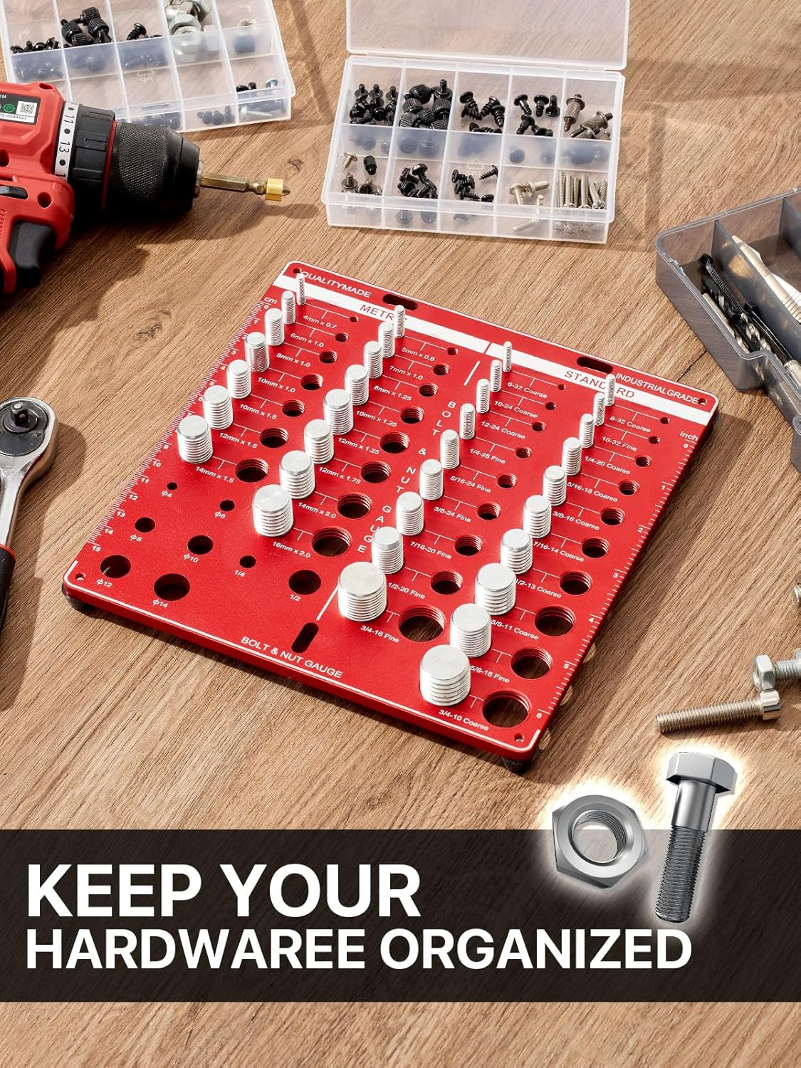 42 Nut and Bolt Thread Checker, 15 Metric & 19 Standard & 8 Drill Bit Gauge, Wall-Mountable Bolt Thread Identifier Gauge with Inch & Cm Ruler