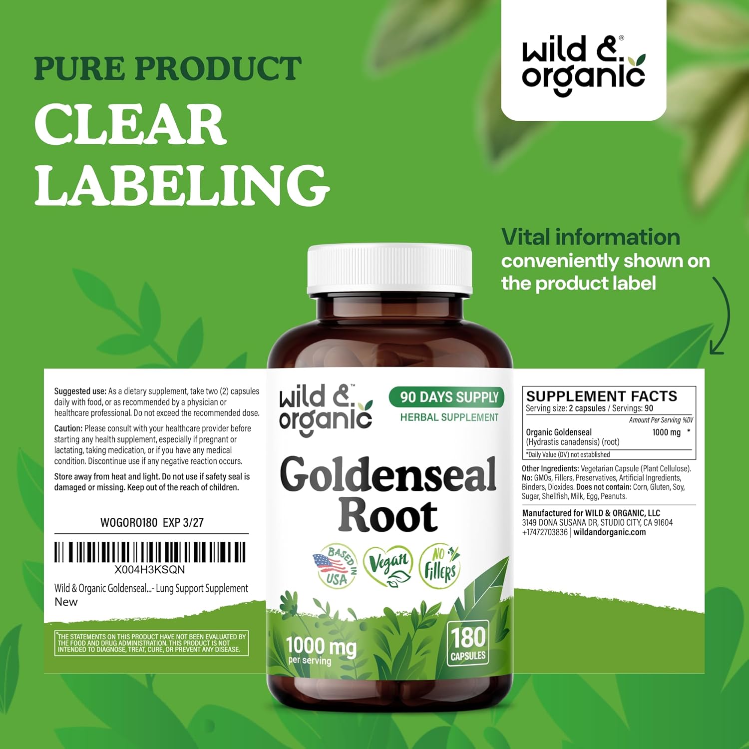 Wild & Organic Goldenseal Root Capsules 1000mg - Immune & Lung Support - 180 Goldenseal Powder Capsules - 90 Days Supply - Vegan, No Fillers, Non-GMO - Image 7