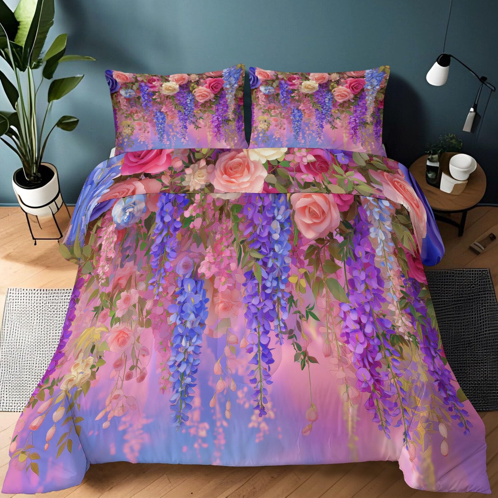 Couette douce 140x200 cm motif roses romantiques avec matelassage haut de gamme et taies