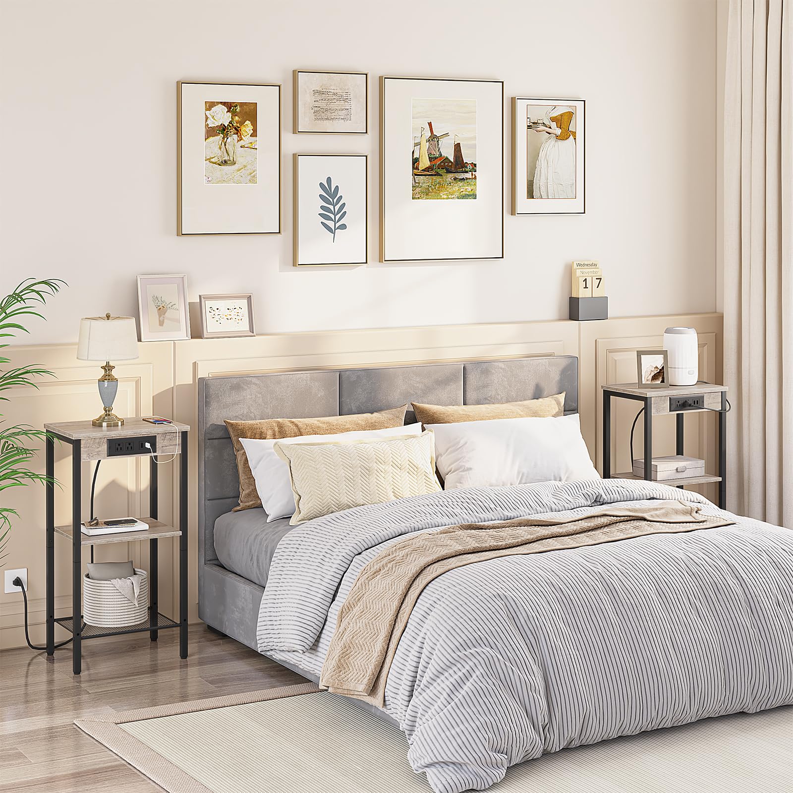 HOOBRO Tall End Table with Charging Station and USB Ports, 3-Tier Telephone Table, Small Entryway Table, Narrow Nightstand for Small Space in Living Room, Bedroom, Hallway, Greige BG09UDH01