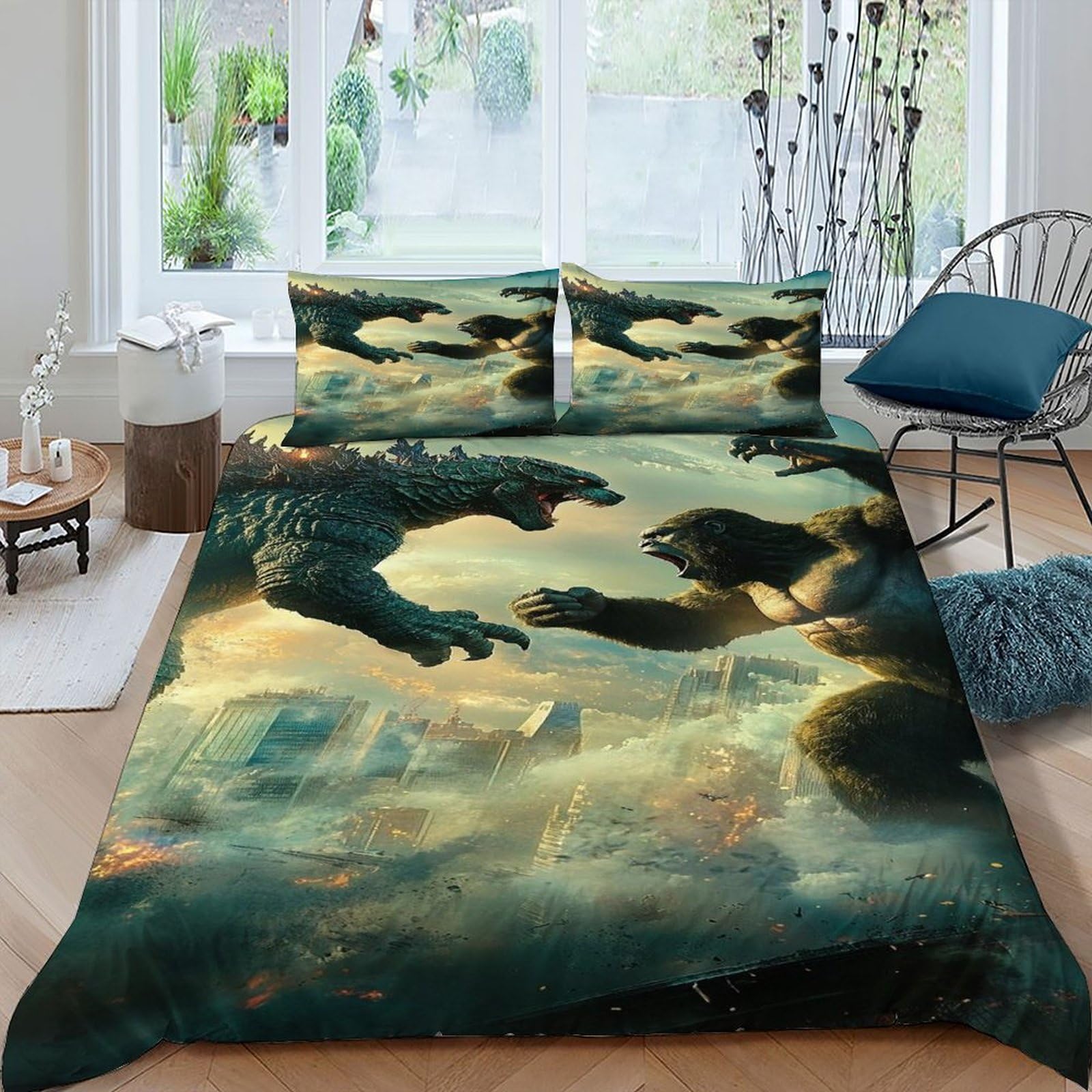 Housse De Couette 220x240cm Godzilla 3D - Parure De Lit Enfant Garçon Fille Avec 2 Taies D'Oreiller 65x65cm
