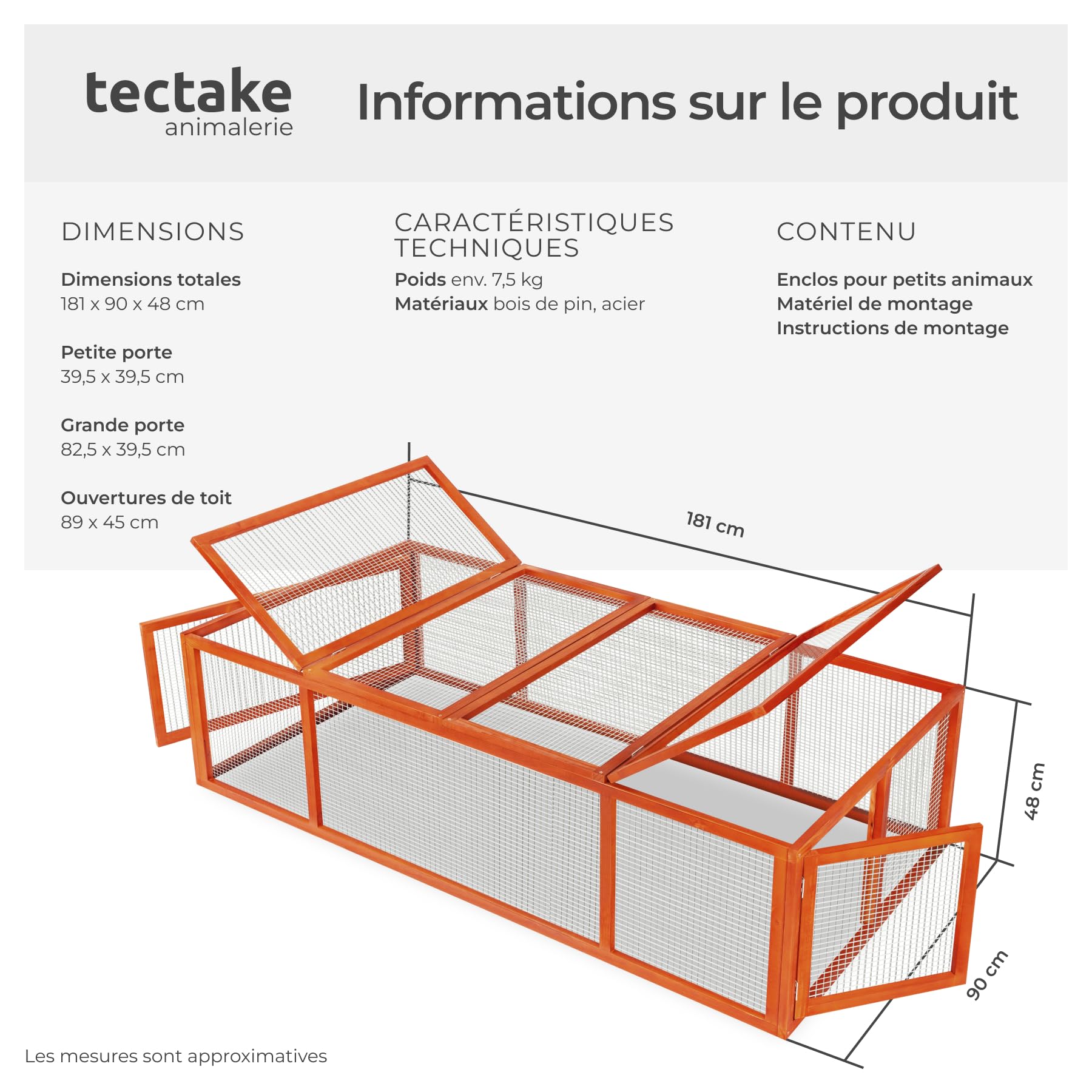 Tectake Clapier Lapin Exterieur 181x90x48 cm Bois imperméable Cage Rongeurs avec Parc XXL 2 Portes Toit ouvrant