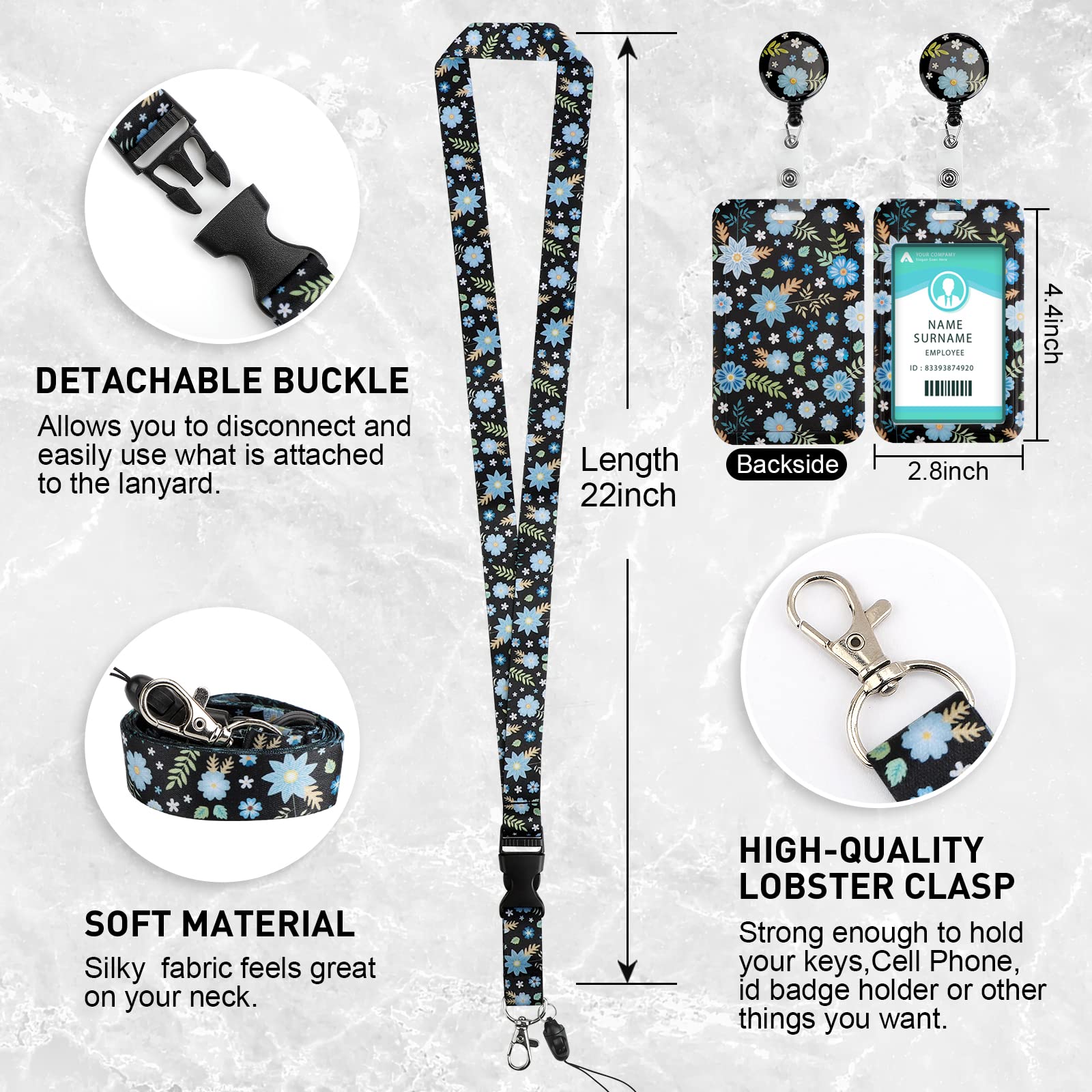 ID Badge Holder With Lanyard Set - Retractable Badge Reel With Flower Design For Work