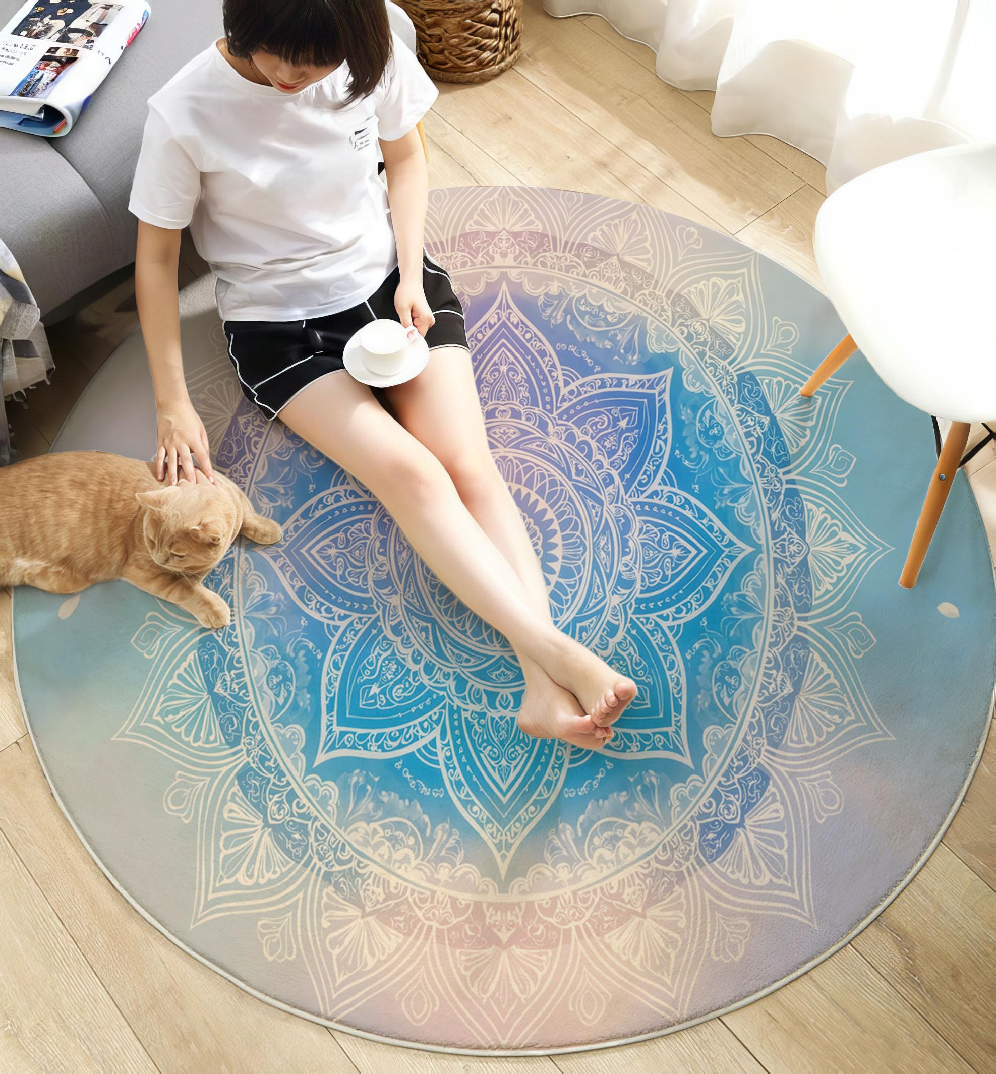 Tapis Rond Mandala Dégradé Aquarelle pour Salon, 160cm Circulaire Tapis Style Artistique Onirique Douce Lavable Et Antidérapante pour Chambre Intérieure, Bleu Clair