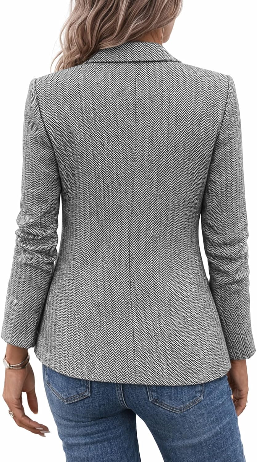 Mina Self Women's 2026 Spring Herringbone Tweed Blazer Jacket - Notched Lapel Fully Lined Work Office Coat with Pockets - Image 4