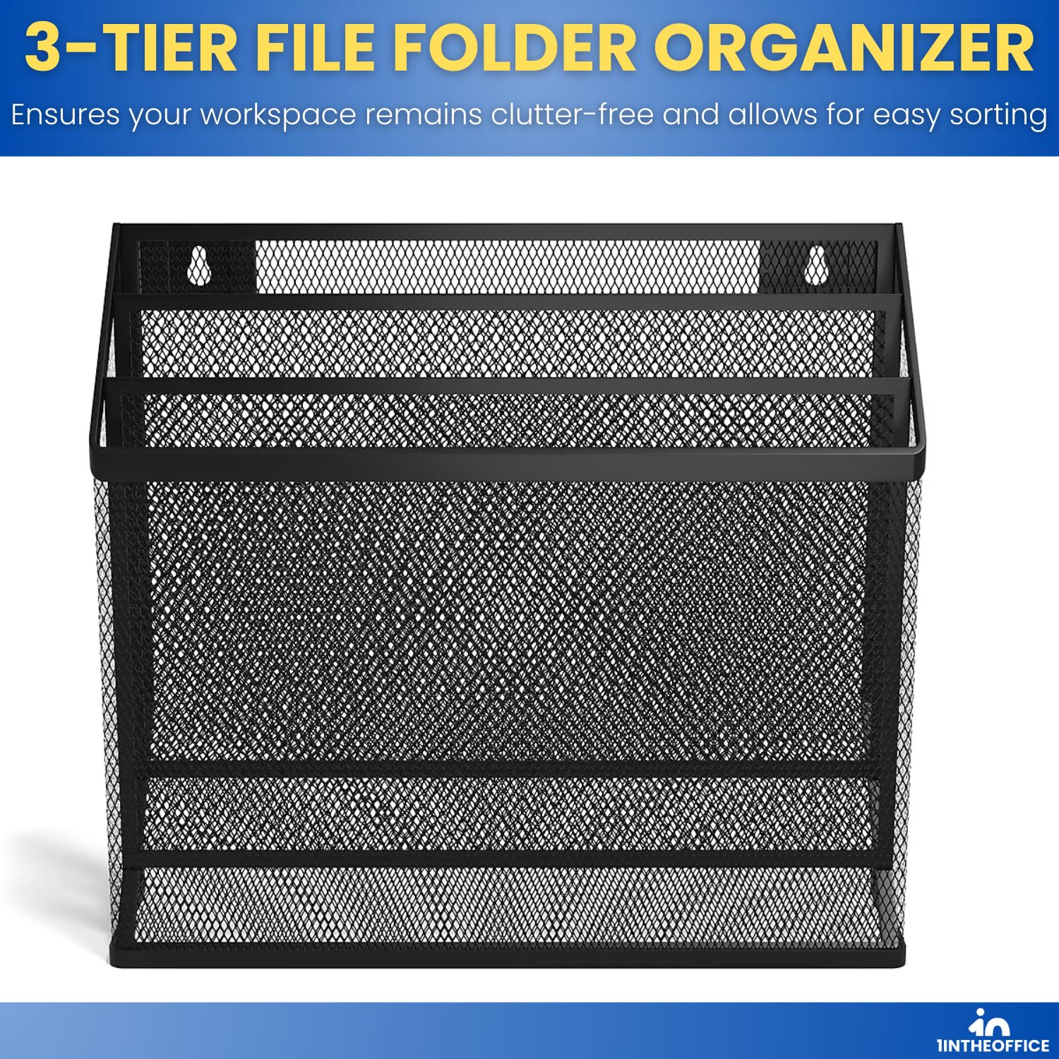 1InTheOffice - Organizer da parete a 3 livelli, organizer da scrivania in rete metallica, in rete nera, organizer da scrivania in rete nera opaca