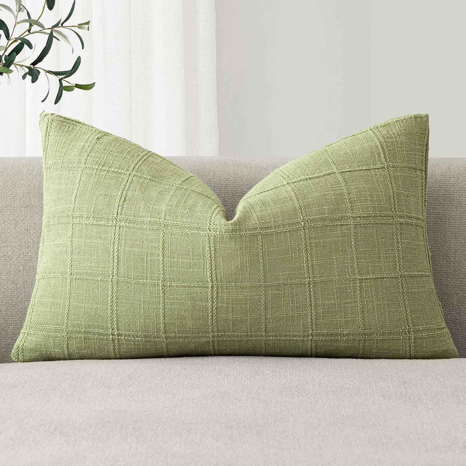Foindtower Set of 1 Decorative Linen Check Throw Pillow Cover Neutral Farmhouse Lumbar Cushion Cover Modern Boho Accent Home Decor for Sofa Chair Couch Bedroom Living Room,12×20 Inch,Light Green
