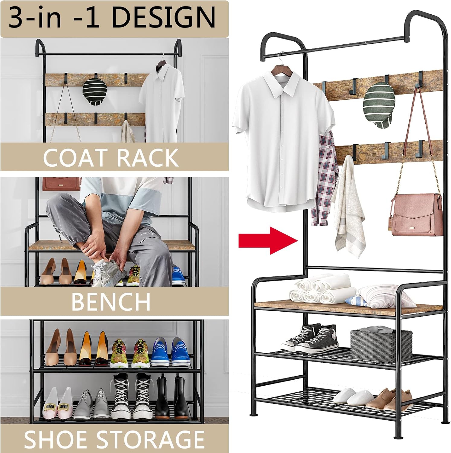SUOERNUO Coat Rack Shoe Bench 3-in-1 Hall Tree Storage Shelf Organizer for Entryway Heavy Duty MDF Stand Coat Rack Industrial Accent Furniture with Stable Metal Frame (Rustic Brown + Black)