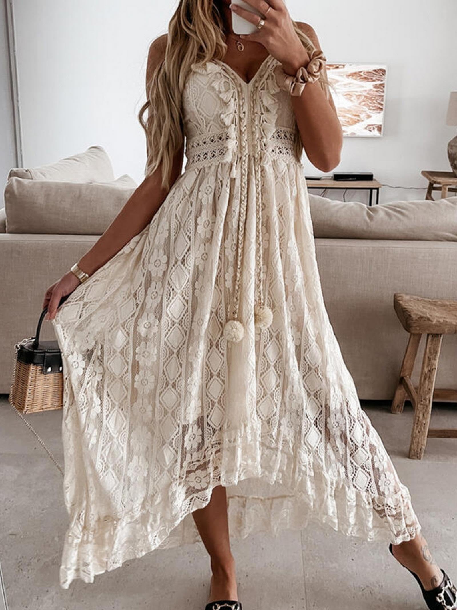 NOGRAX sukienki dla kobiet letnie boho długie sukienki damskie koronkowe dekolt w serek spaghetti pasek sukienka damska bez ramion plażowa sukienka biała sukienka Vestidos De Mujer