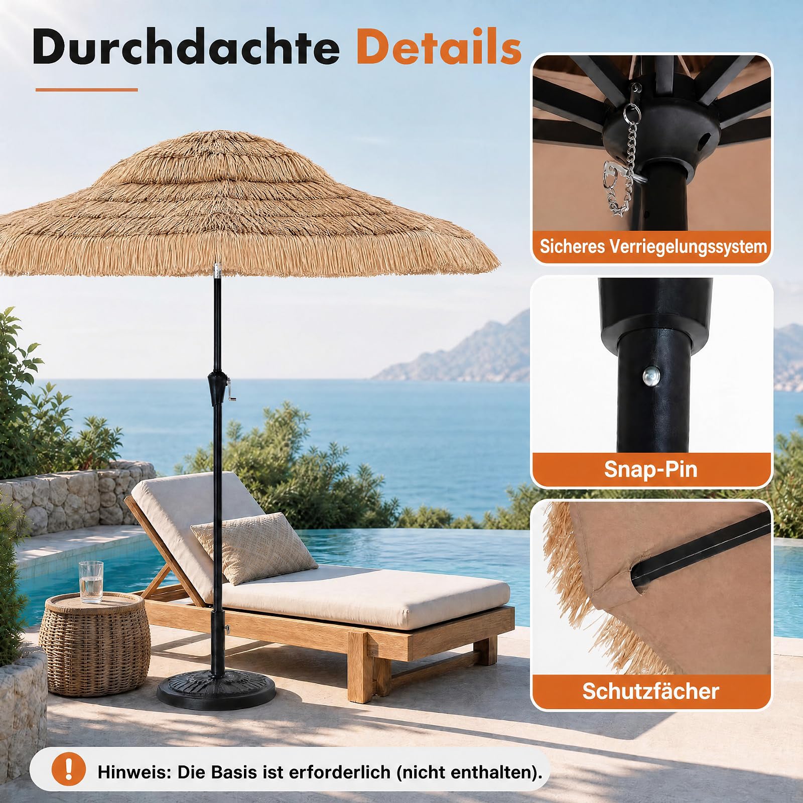 COSTWAY Sonnenschirm Hawaii 250 cm, Gartenschirm mit Kurbel, Strohschirm | Stroh Strandschirm, beidseitig um 30° knickbar, Marktschirm, Terrassenschirm für Garten, Balkon, Terrasse