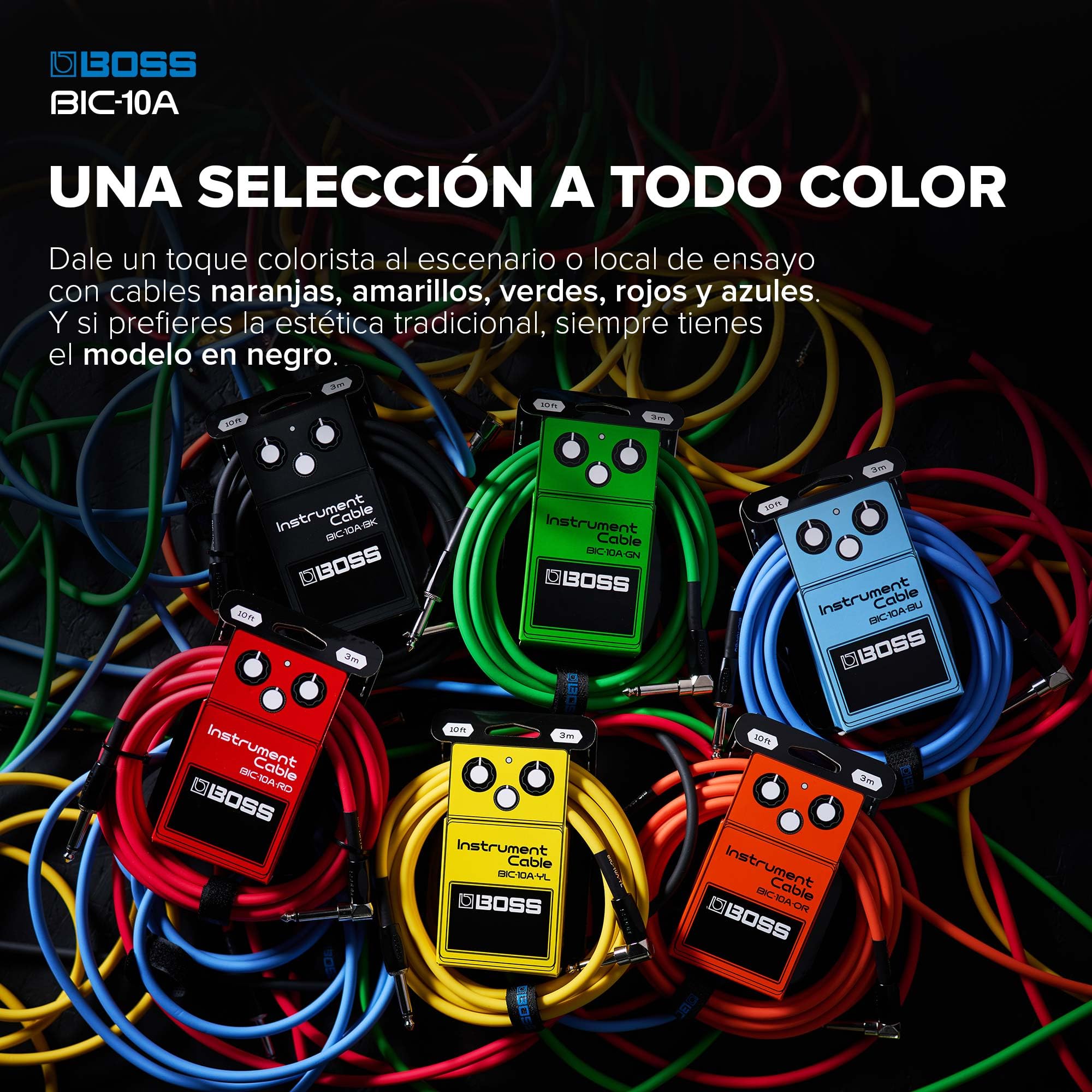 BOSS Serie BIC-10A | Cable de instrumento | Conectores de recto a ángulo recto de ¼ de pulgada | 3 m de longitud | Cables para guitarra, bajo y más | Silencioso y resistente | Negro