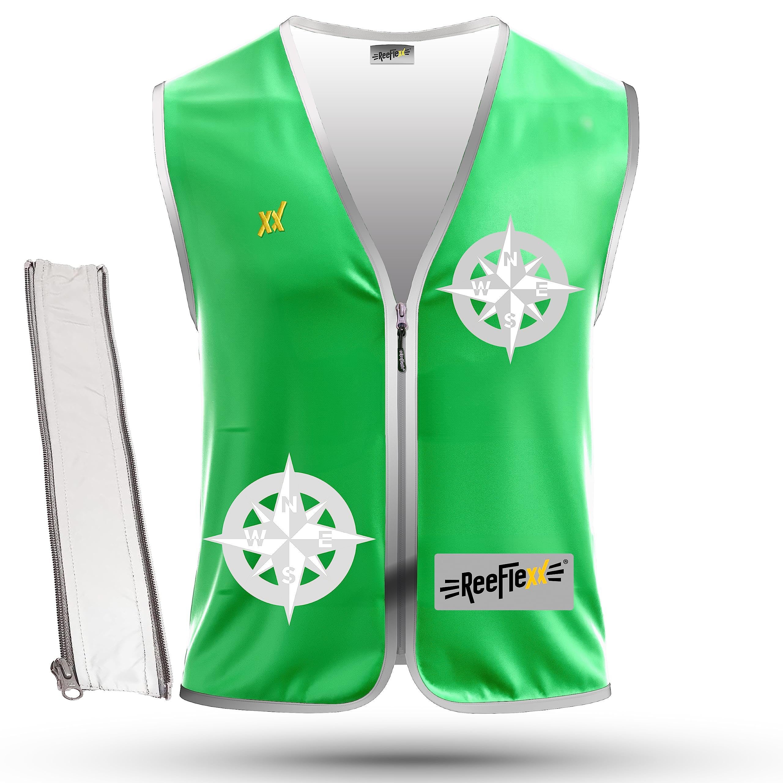 REEFLEXX Gilet réfléchissant pour homme avec adaptateur de taille Gilet réfléchissant pour plus de visibilité dans la circulation routière grâce aux réflecteurs, couleurs et motifs Boussole verte