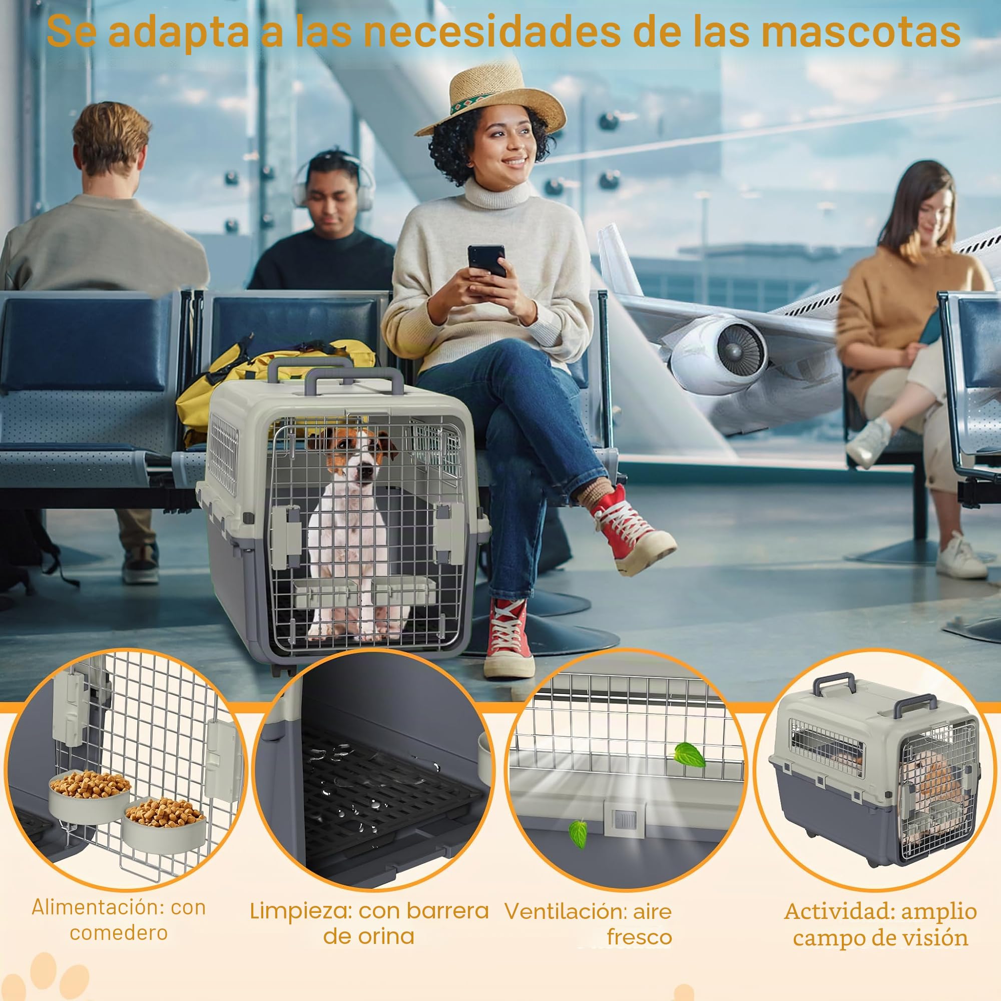 Caja de transporte para gatos para perros, 67 x 51 x 58,5 cm, caja de transporte para mascotas, caja de avión con puerta y ruedas de metal, caja de viaje con ruedas, adecuada para avión y coche