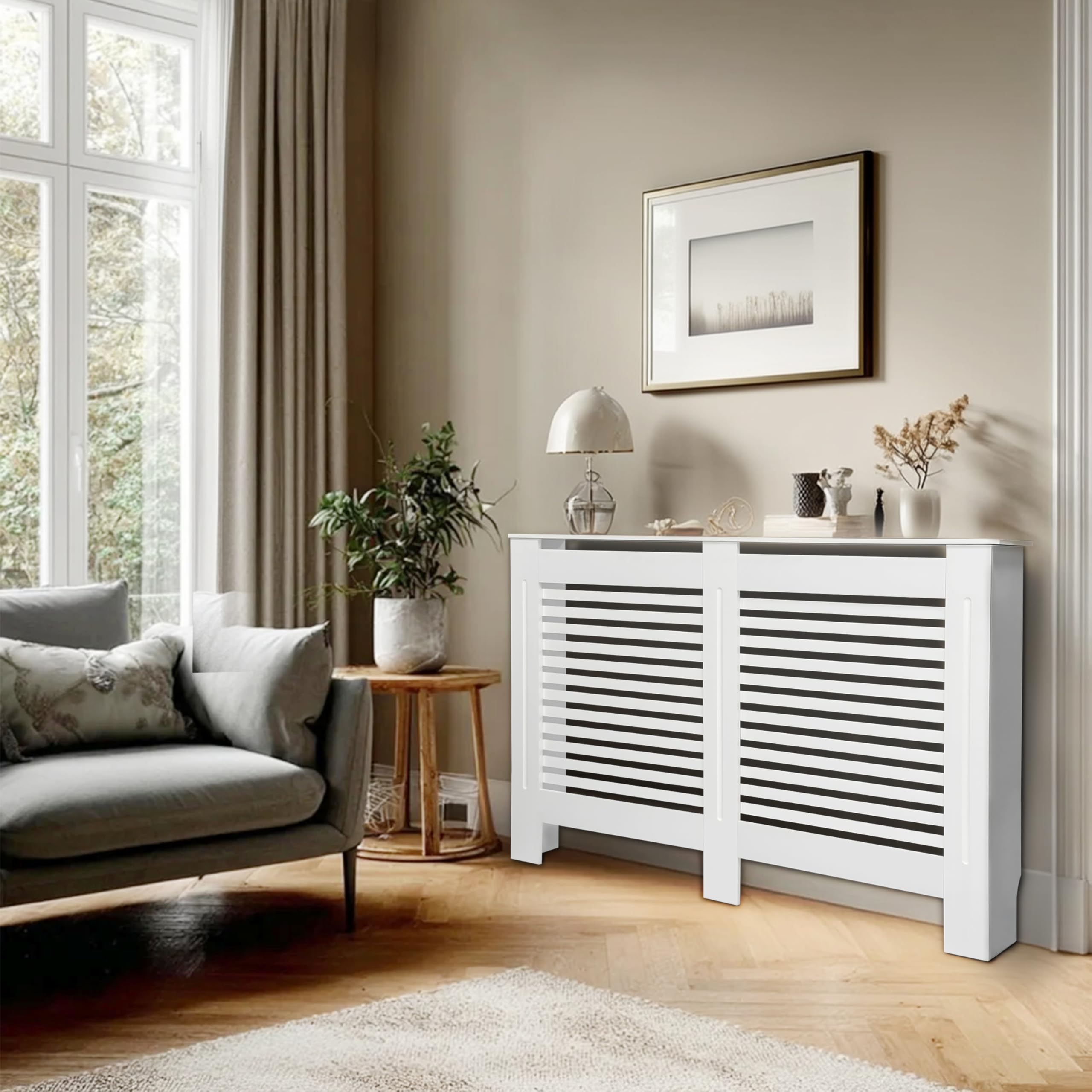 Large Tall Radiator Cover Cabinet, External 101cm Height White Heater Covers Inner 100cm Horizontal Slats Modern MDF Radiator Shelf Thickened Living Room