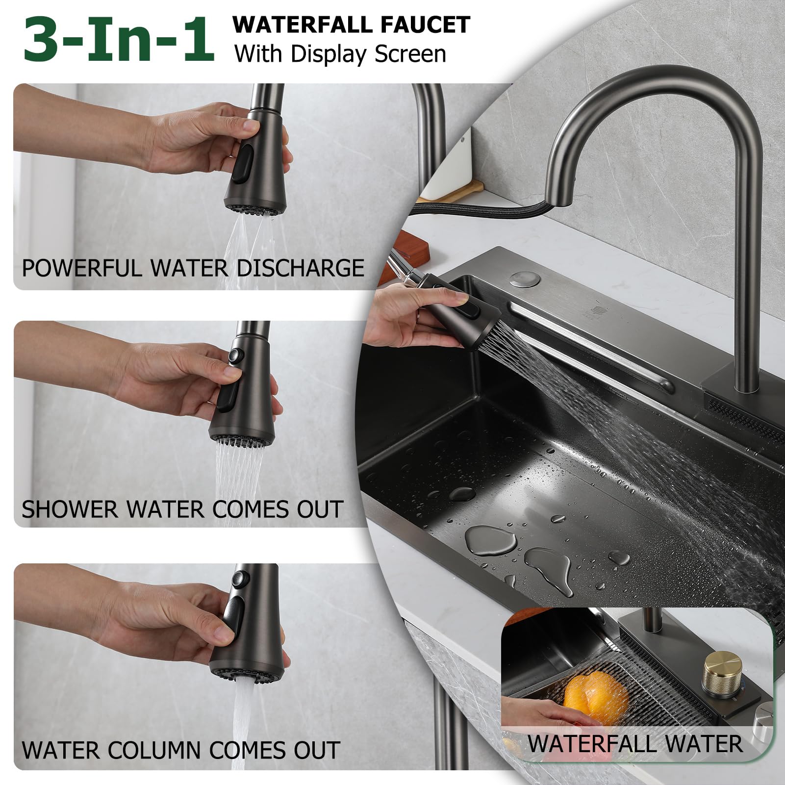 Fregadero De La Cocina De La Cascada, Fregadero De La Utilidad del Acero Inoxidable 304, con El Grifo Extraíble, Instalación De La Caída O del Undermount De La Lavadora De La Taza (Color : Black-Grey