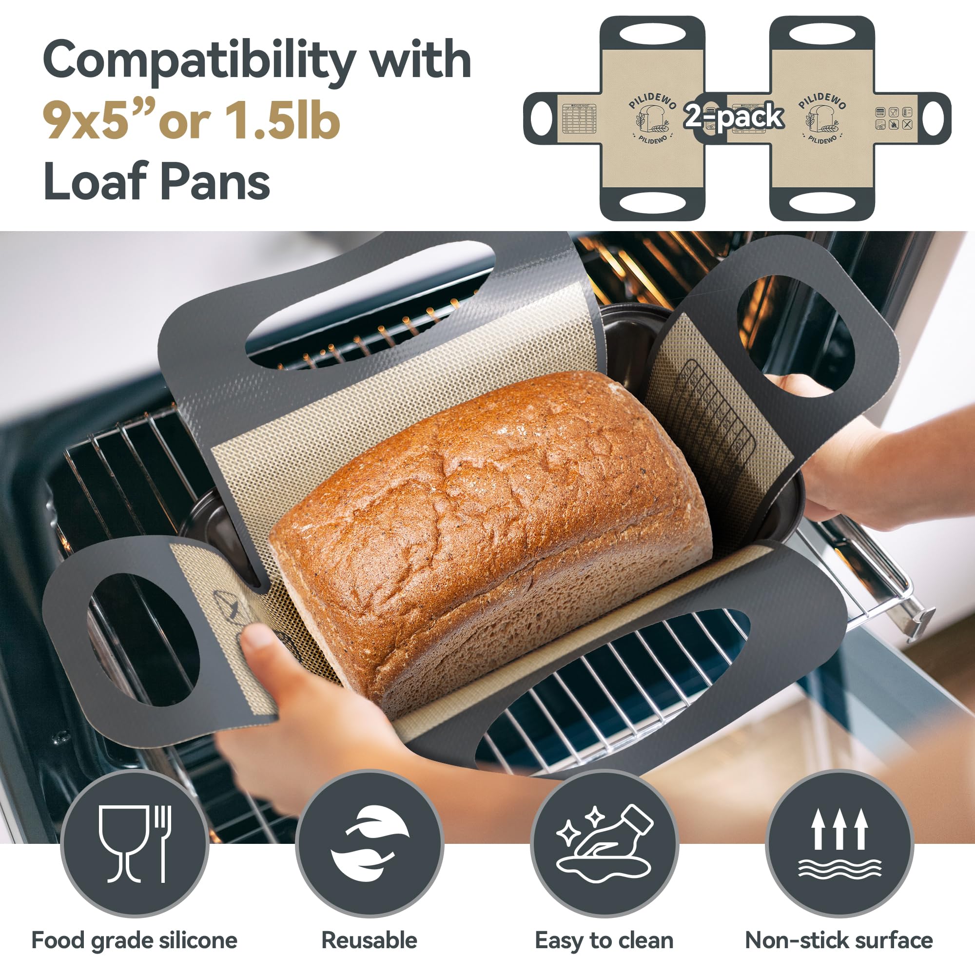 Pilidewo Reusable Silicone Bread Loaf Pan Liner, Food Grade BPA Free Bread Baking Mat, Non-Stick and Heat Resistant Dough Transfer Tool with 4 Handles, Fits 9x5