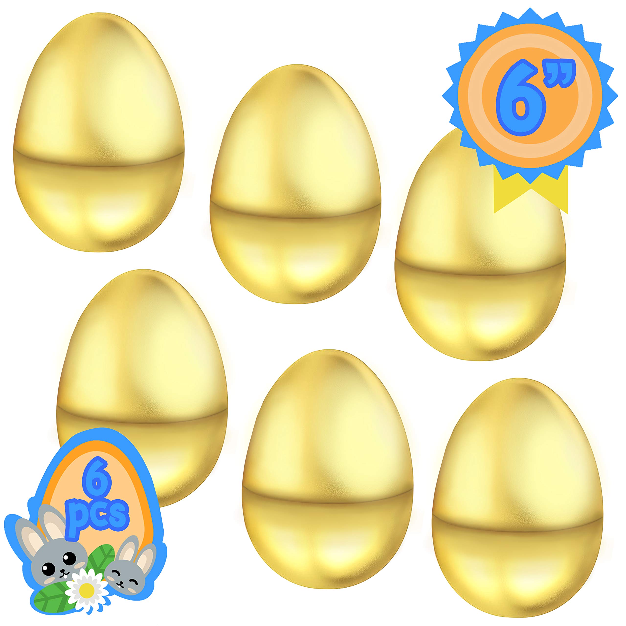 6 Jumbo Fillable 6 Inch Gold Metallic Plastic Easter Egg Hunt Party Supply Pack - Big Golden Egg Color - Perfect Size for Filling Favors, Hiding or Crafts
