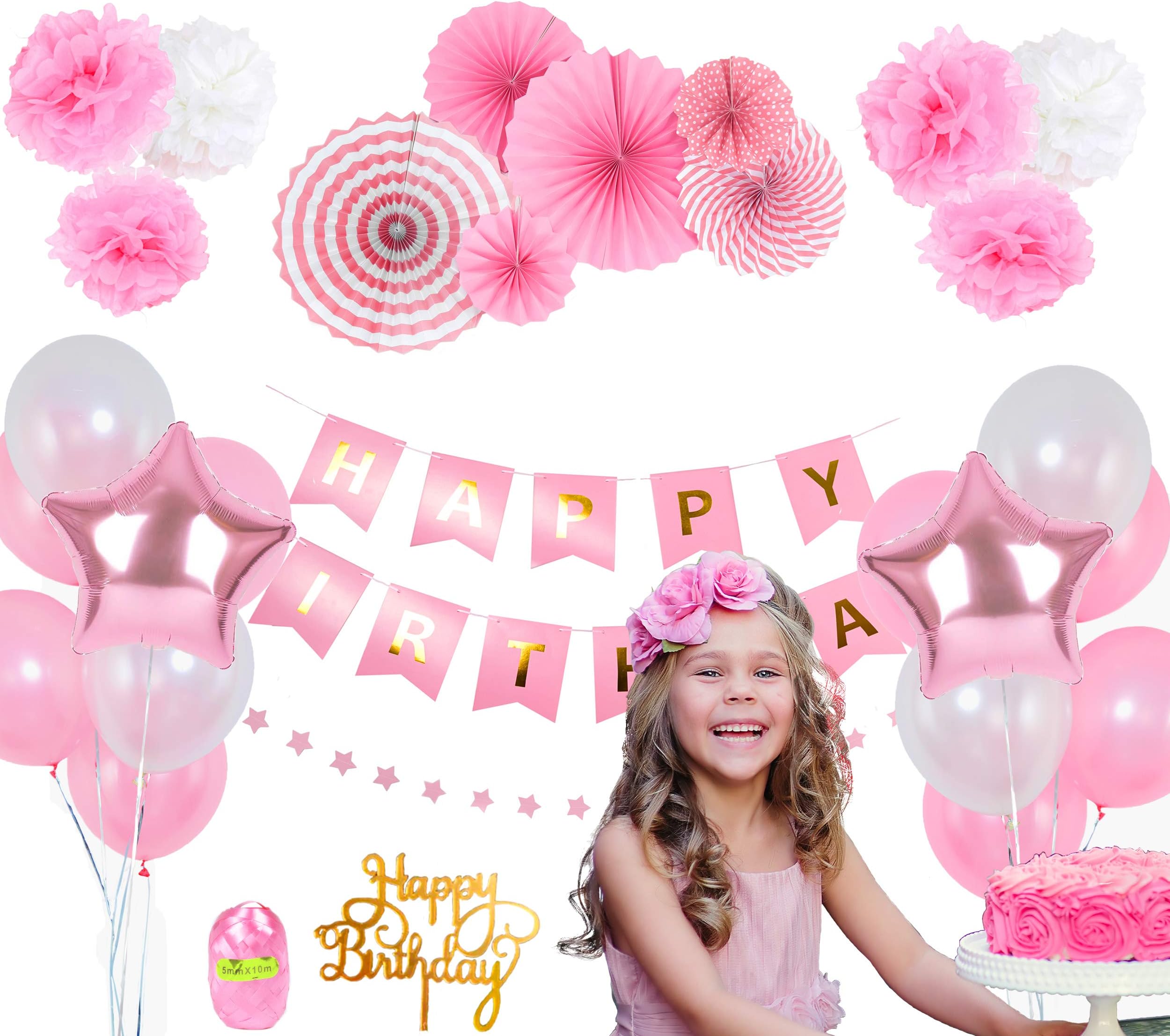 Pink Birthday Decorations for Girls - 1st Birthday Girl Decorations - Happy Birthday Banner - 14 Happy Birthday balloons - Birthday Cake Topper - Paper Fans and 6 Pom Poms - Princess Party Supplies Set