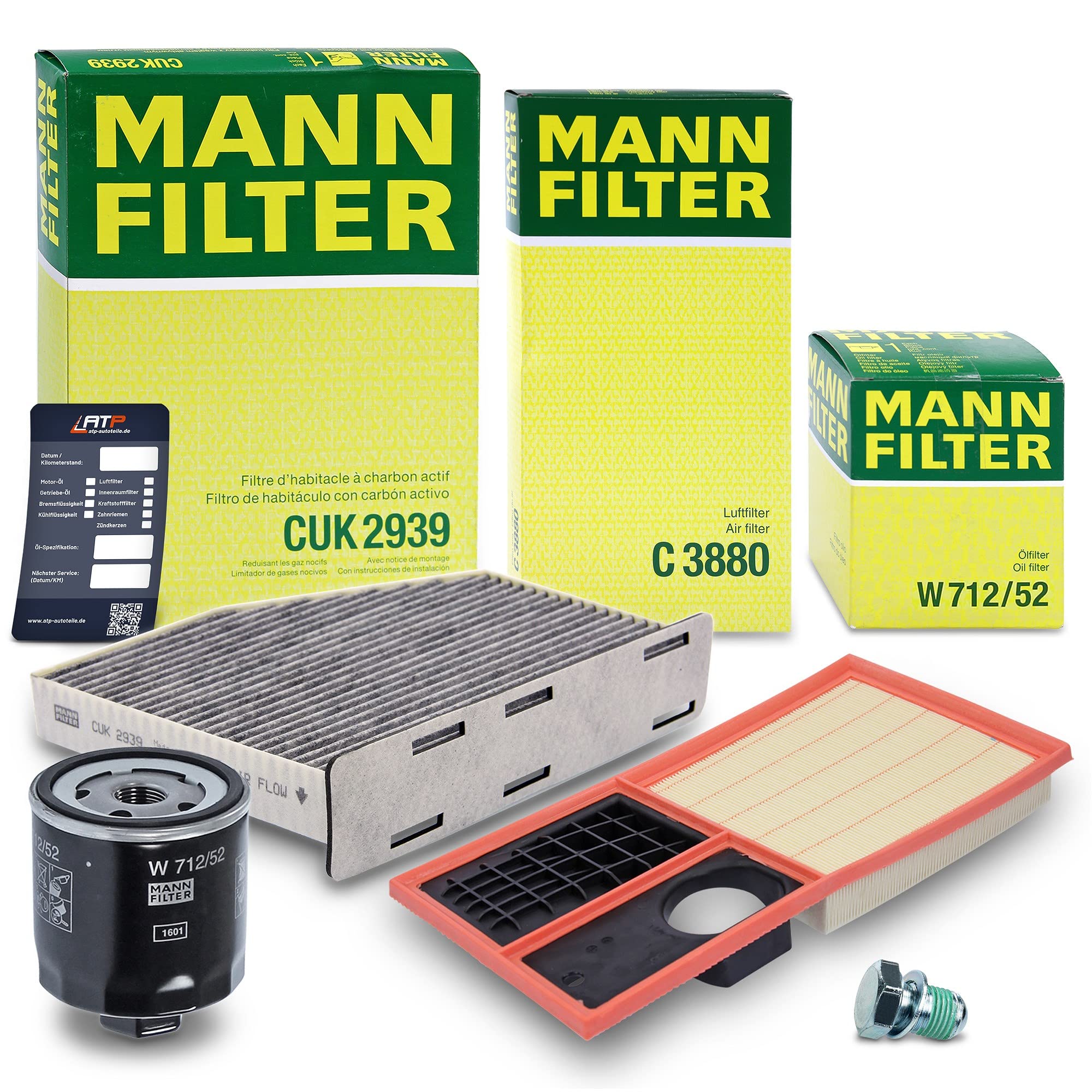 MANN-FILTER Inspektionspaket Filterset 1x Ölfilter, 1x Luftfilter, 1x Innenraumfilter (Aktivkohlefilter), Kompatibel mit SEAT ALTEA, LEON, SKODA OCTAVIA 2, VW CADDY, GOLF PLUS 5, GOLF 5, GOLF 6