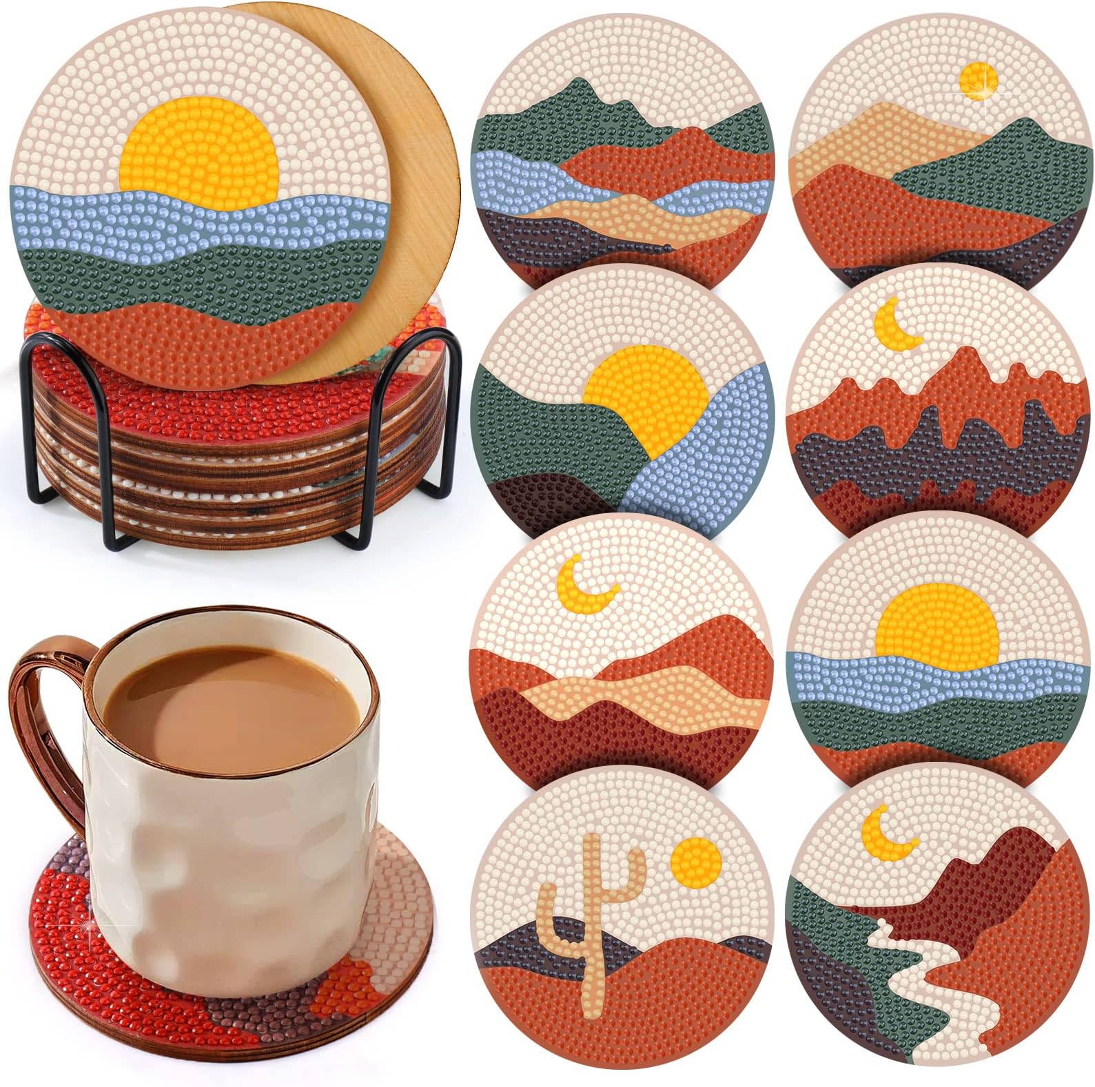 BABORUI 8Pcs Abstract Diamond Art Coasters, DIY Boho Small Diamond Art Kits for Adults Kids, Diamond Art Accessories for House Decor