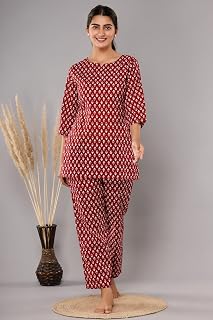 Women Printed 1 top, 1 pyjama Cotton KC311 Maroon 2 Night Suit Set Price In India