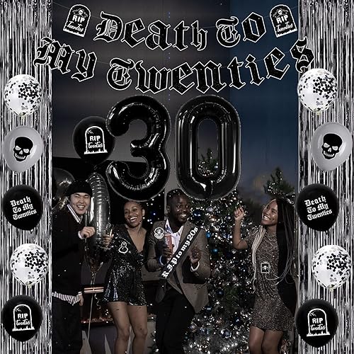 Miniatura 6 de Decoraciones negras de cumpleaños número 30 para mujeres u hombres, decoraciones de muerte a mis 20, pancarta de la muerte a mis veinte con el
