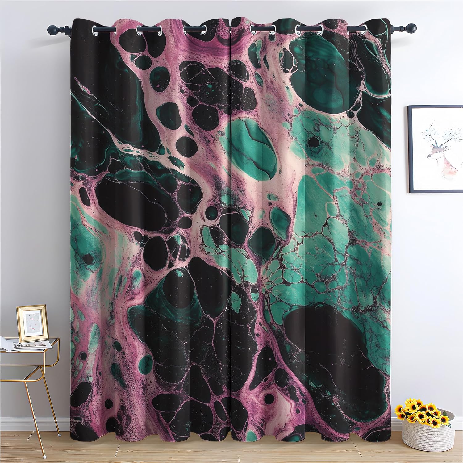 Green Marble Curtains for Kitchen Windows Blackout, Abstract Swirl Curtains for Bedroom Living Room Decor, Modern Drapes 39 inch Long 2 Panels, Small Short Grommet Curtain 27.5 x 39 Inch