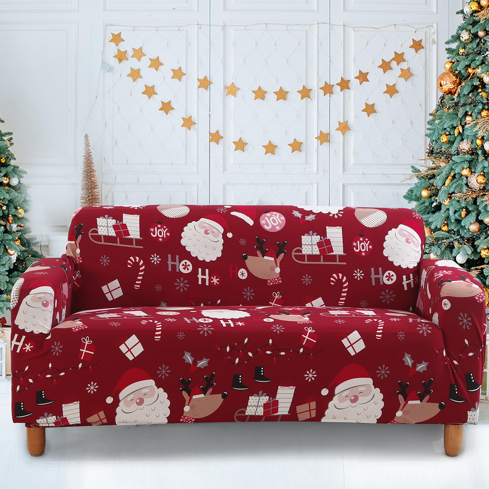 Christmas Sofa Cover Slipcover Soft Polyester Christmas Tree Printed Sofa Protector with Elastic Bottom (3 Seater,Red)