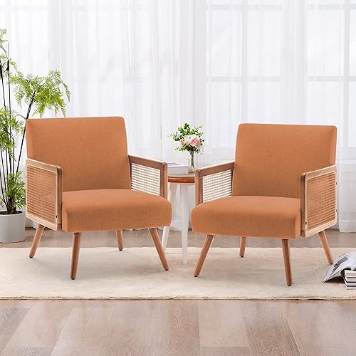 Miniatura 7 de Silla decorativa con brazos de ratán, silla moderna tapizada de mediados de siglo para dormitorio, sala de estar, sillas de lectura, sillón de