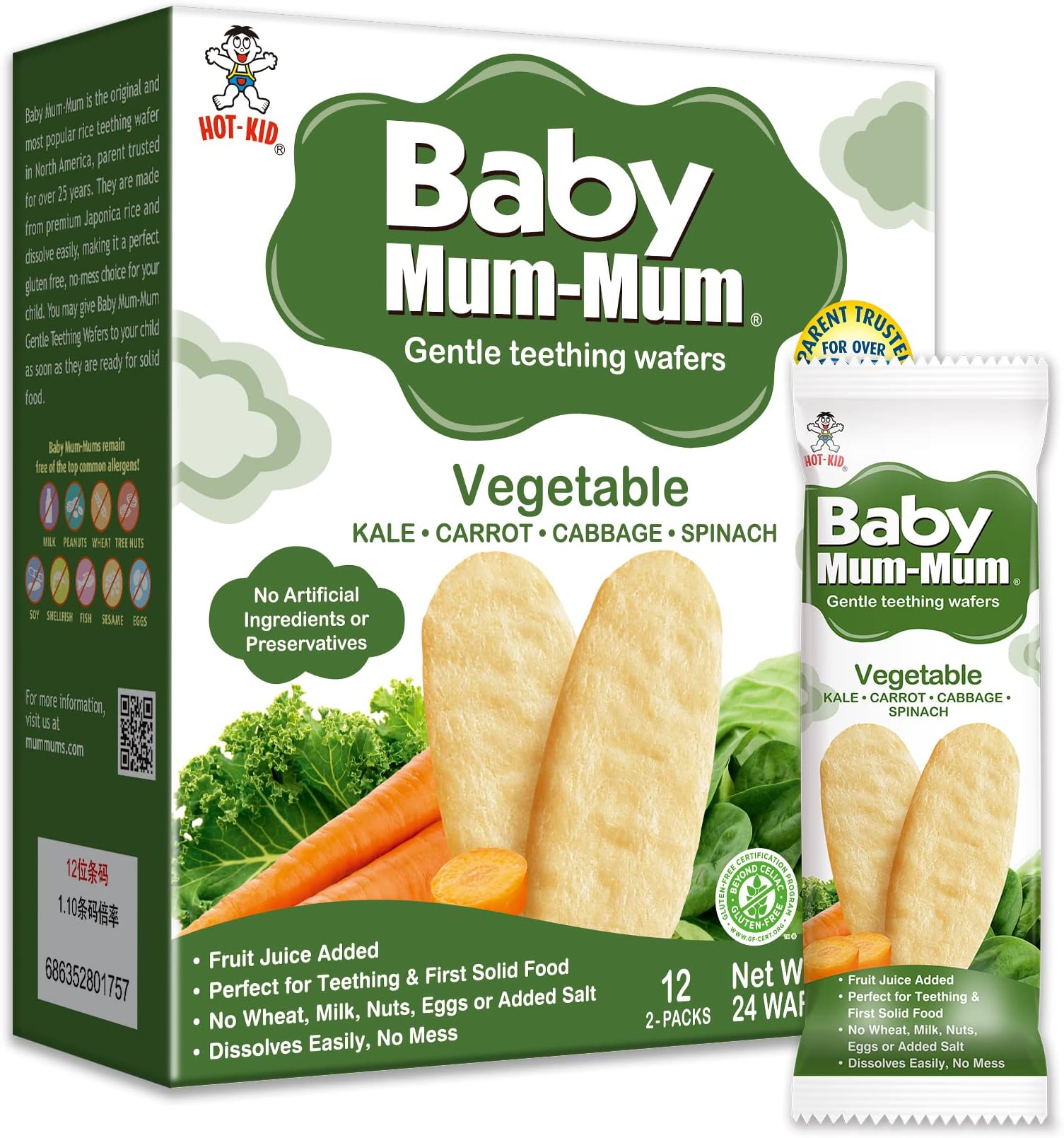 Hot-Kid Baby Mum-Mum Rice Rusks, Vegetable, 24 Pieces (Pack of 6) Gluten Free, Allergen Free, Non-GMO, Rice Teether Cookie for Teething Infants