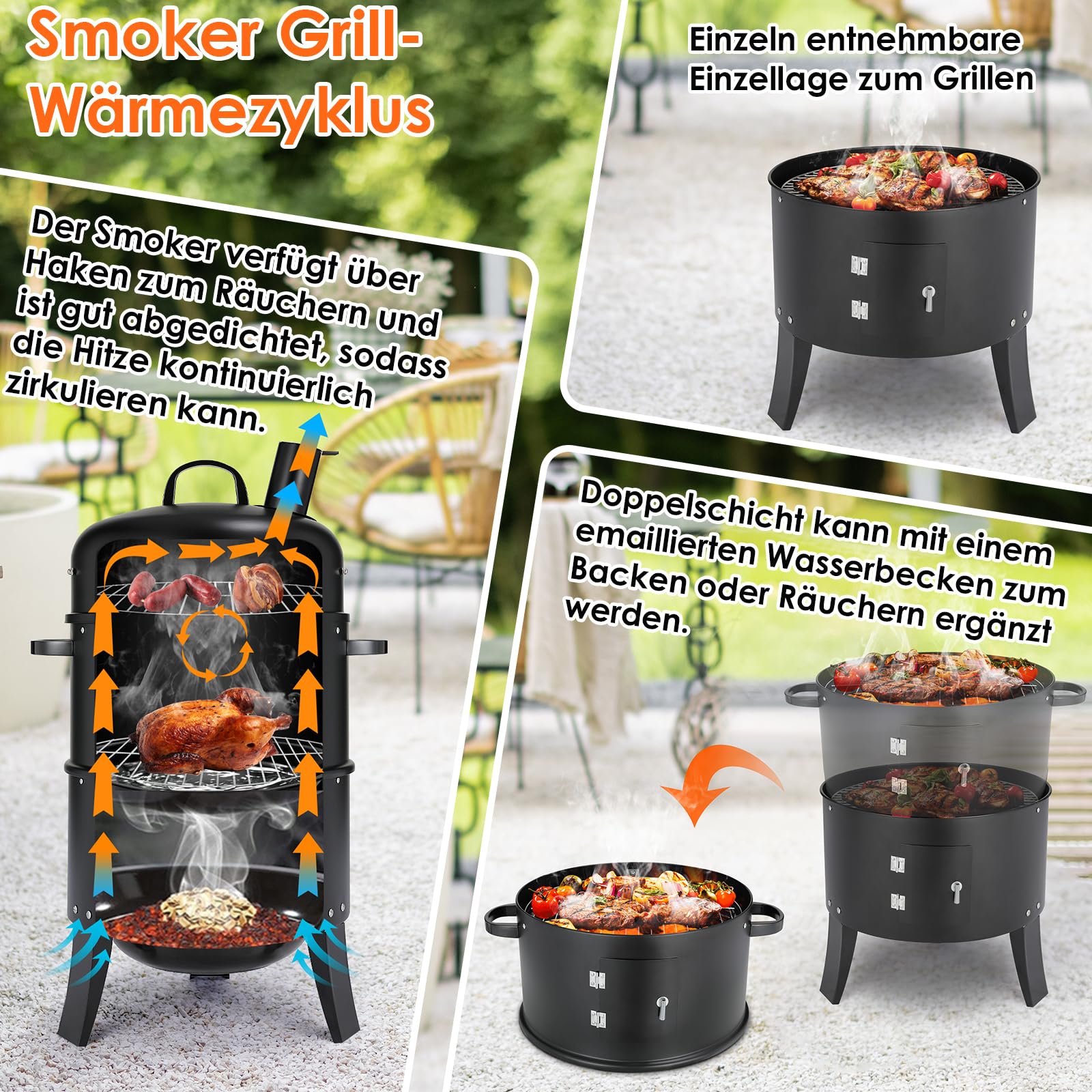 TLGREEN Horno Ahumador, Ahumador 3 en 1, Ahumador con Chimenea, Barbacoa de Carbón, con Termómetro, 2 Rejillas de Acero Inoxidable (φ 37,5 cm), Barbacoa Ahumadora para Ahumar, Asar y Cocinar