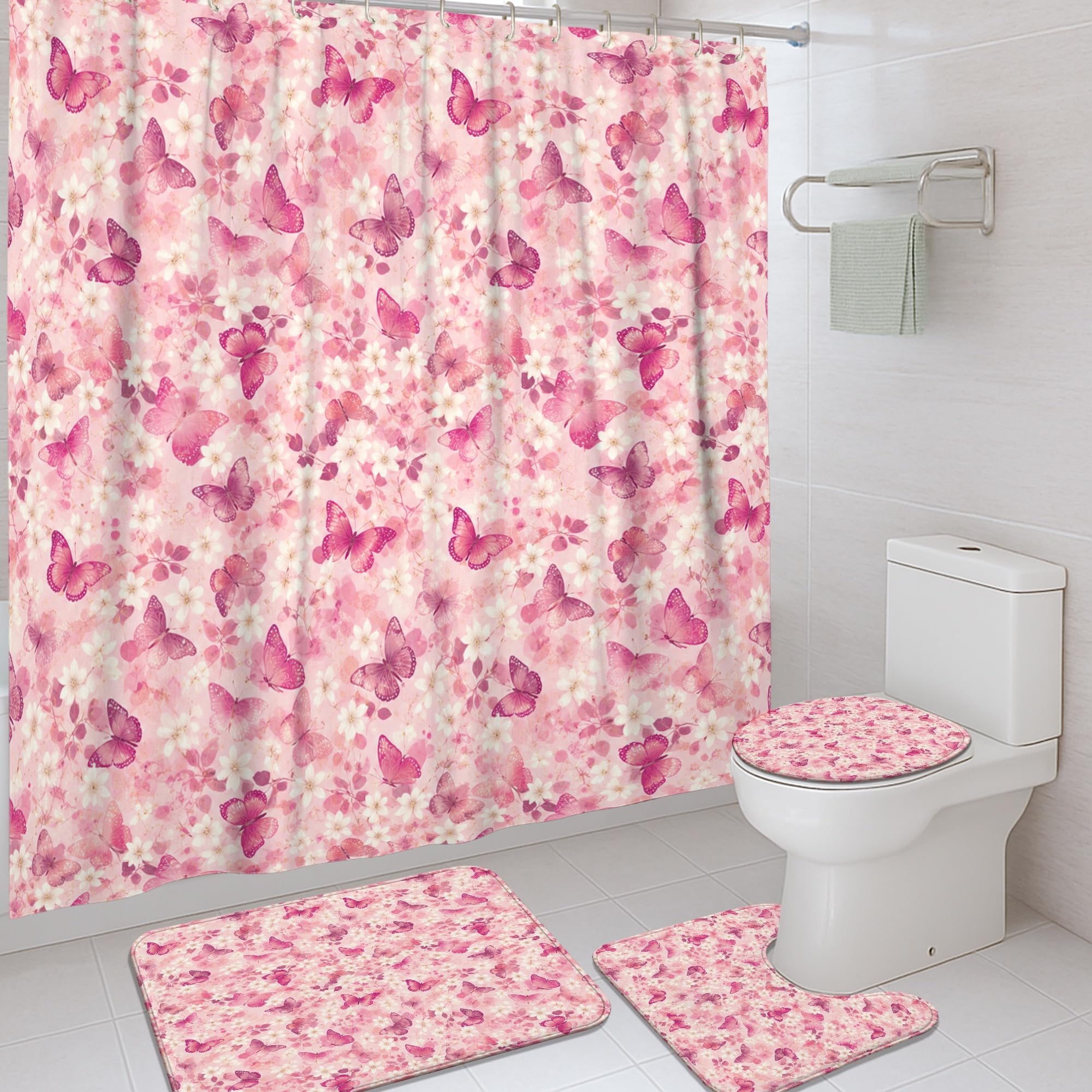 Rideau de douche en tissu avec tapis de bain 183 x 183 cm motif fleur