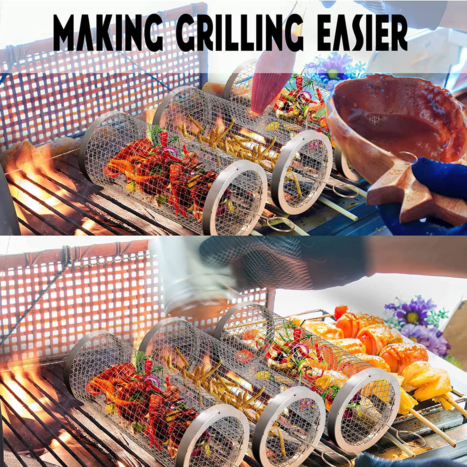 Portable Stainless Steel Grill Basket,Cestini per Grigliare cilindrici per Barbecue per Pesce,gamberetti,Verdure,Accessori da Cucina per Barbecue,S,4PCS