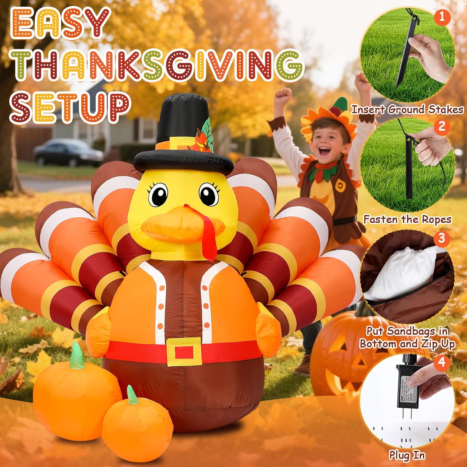 Sosation 6.5 FT Thanksgiving Inflatables Duck Turkey Inflatable Decoration Blow Up Turkey Outdoor with LED Lights Decorations for Holiday Fall Autumn Party Garden Lawn Indoor(with Pumpkin)