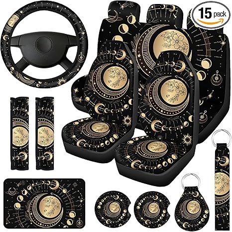 Riakrum 15 Pcs Sun and Moon Car Seat Cover Full Set Car Front Seat Steering Wheel Headrest Covers Cup Holder Belt Pads Keyring Armrest Pad Wrist Strap for Men Women Auto Truck Van SUV