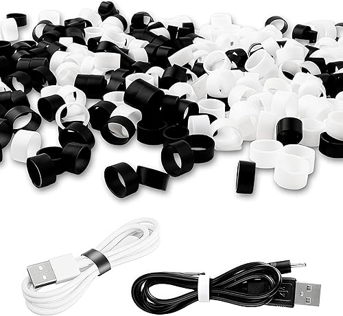 240 mini bridas de silicona para cables, bandas de goma planas reutilizables de 0.3 pulgadas, 120 bandas elásticas negras y 120 blancas, anillos de