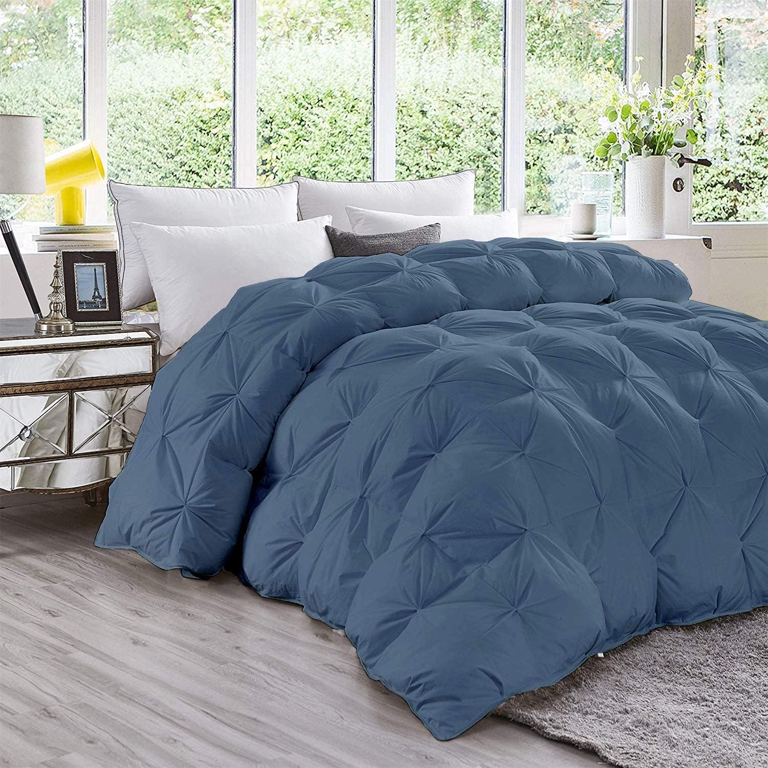 Kuwugi1-Piece Pinch Pleated Comforter Luxurious 910TC 100% Egyptian Cotton,400 GSM, Hotel Style,Soft and Durable Bedding for All Seasons (Medium Blue - King-Cal King Size (94" x 104")