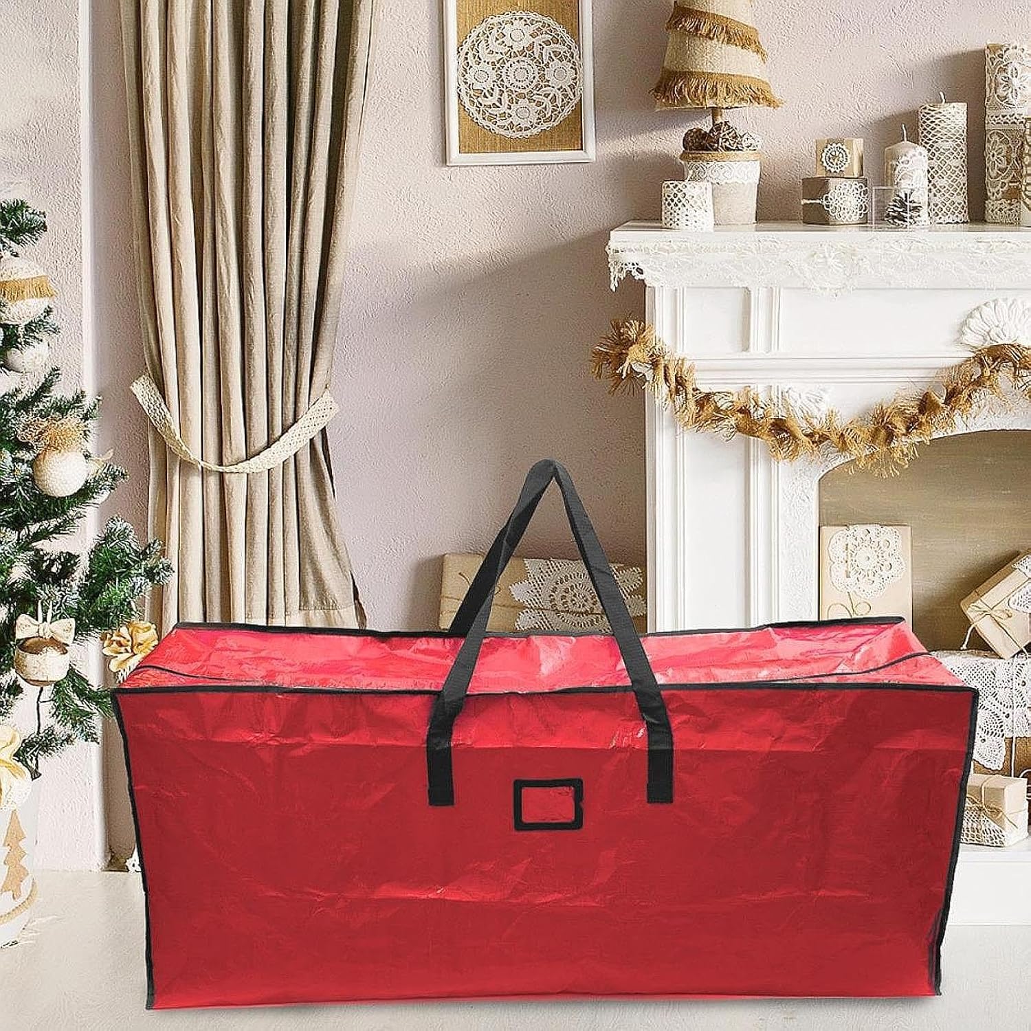 Christmas Tree Storage Bag Holiday Tree Storage Bag PE Portable Zippered Bag Container for Festivals Decorations Party Decor, Red M