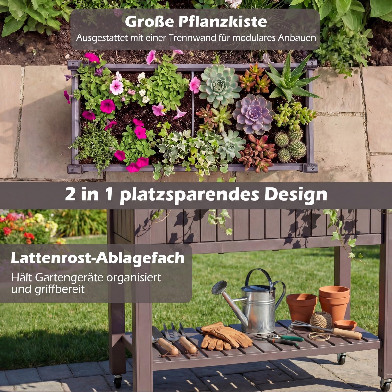 COSTWAY Hochbeet mit Rollen, erhöhtes Gartenbeet mit Ablage, Wasserstandsanzeiger & Ablauflöchern, Kräuterbeet Gemüsebeet, aus Kunststoff und Metall, Pflanztisch für Balkon Garten Terrasse, Braun